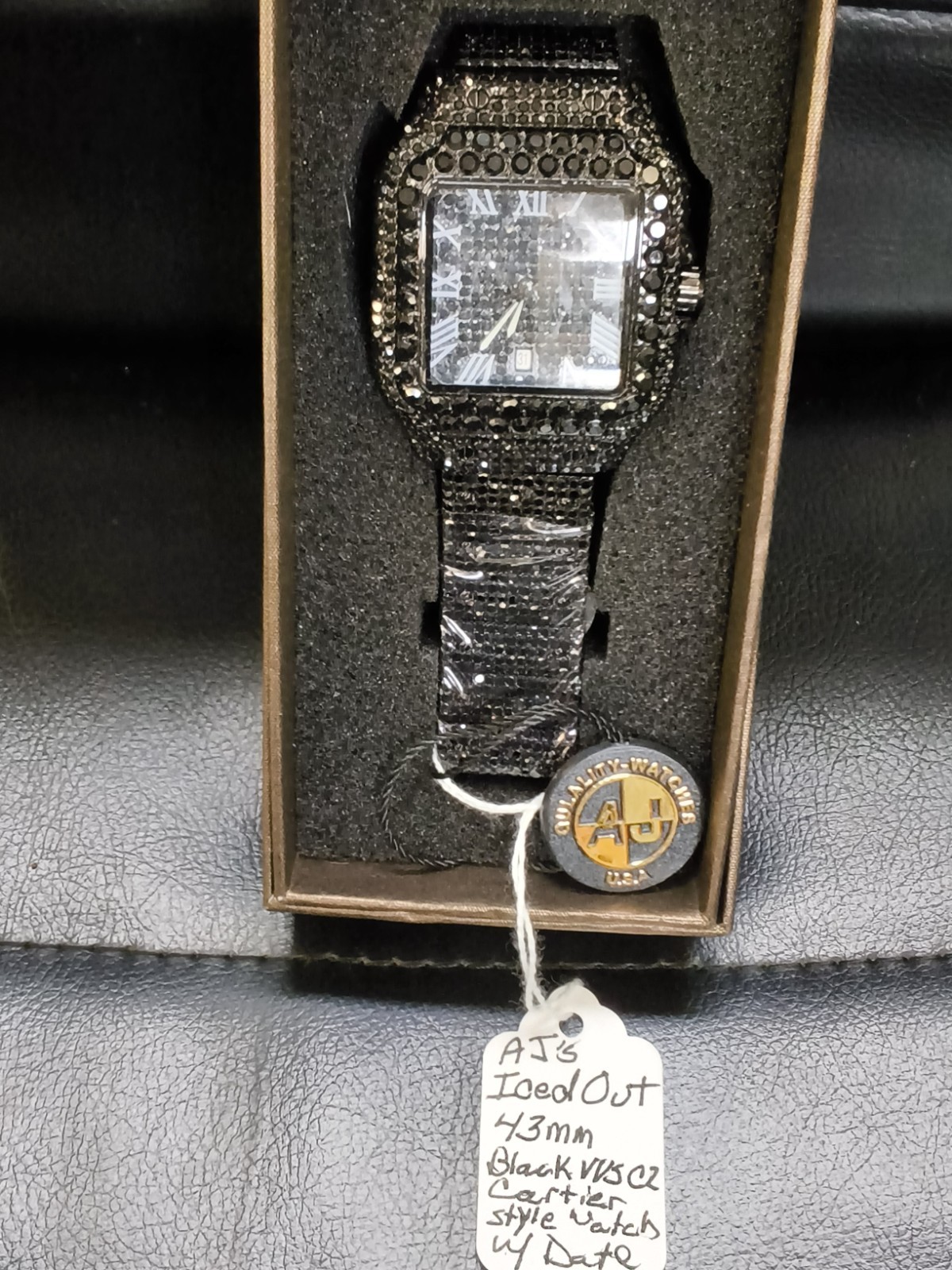 AJ Black Iced Out Cartie Style Men’s Watch 43mm Date Black Crystal…
