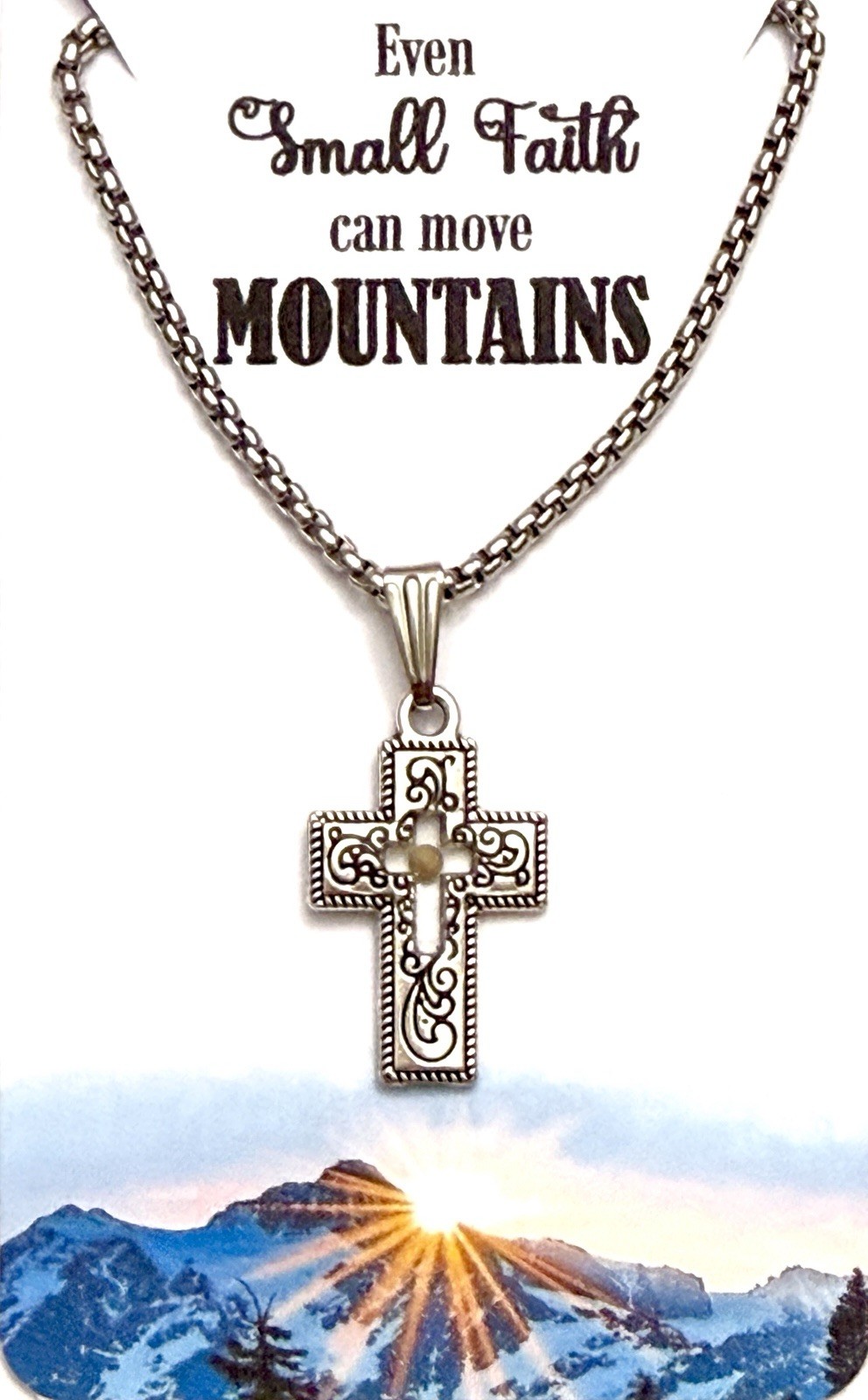 New Mustard Seed Cross Pendant 22” Stainless Steel Box Chain Necklace! Scripture