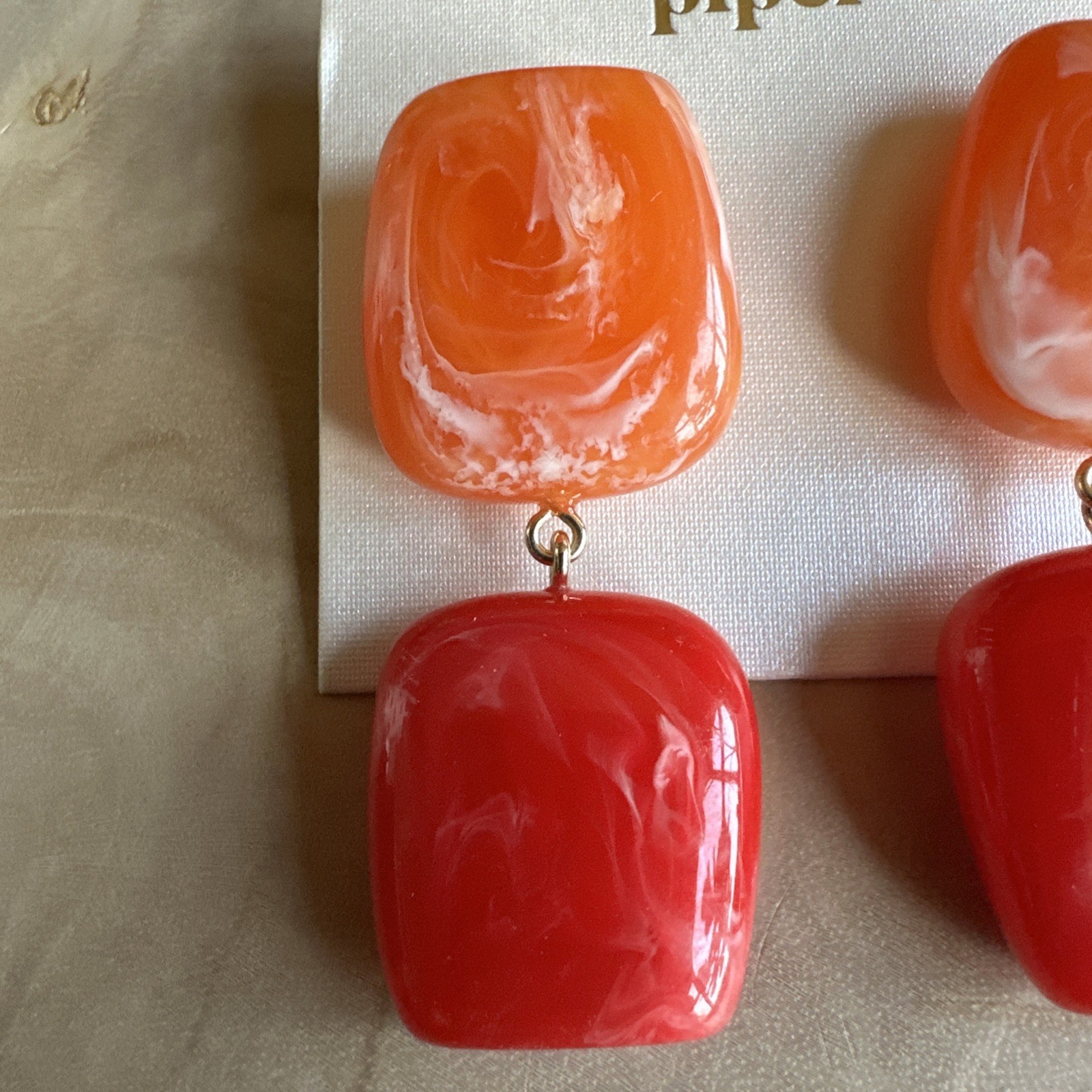 Piper K Red & Orange Resin Stone Like Dangle Earrings 2 1/2 Inches