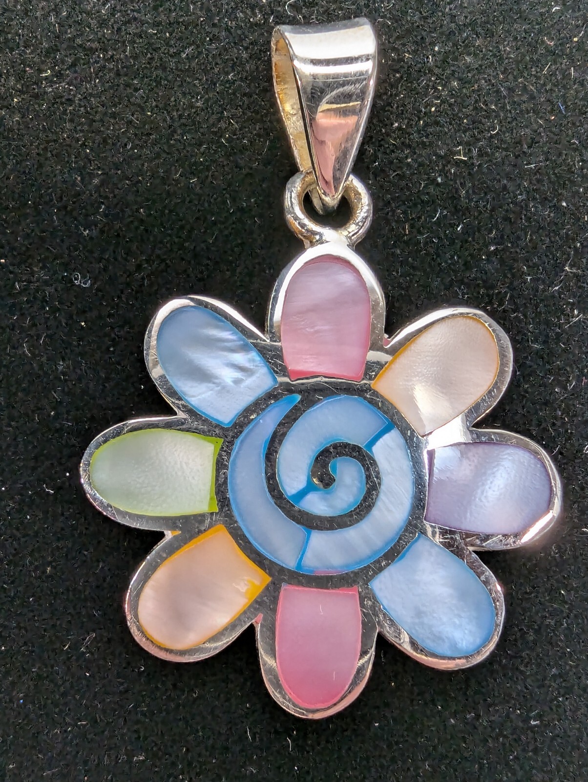 Sterling Silver Pendant With Shell Inlay. Flower With Swirl Design. 8.8 Grams.