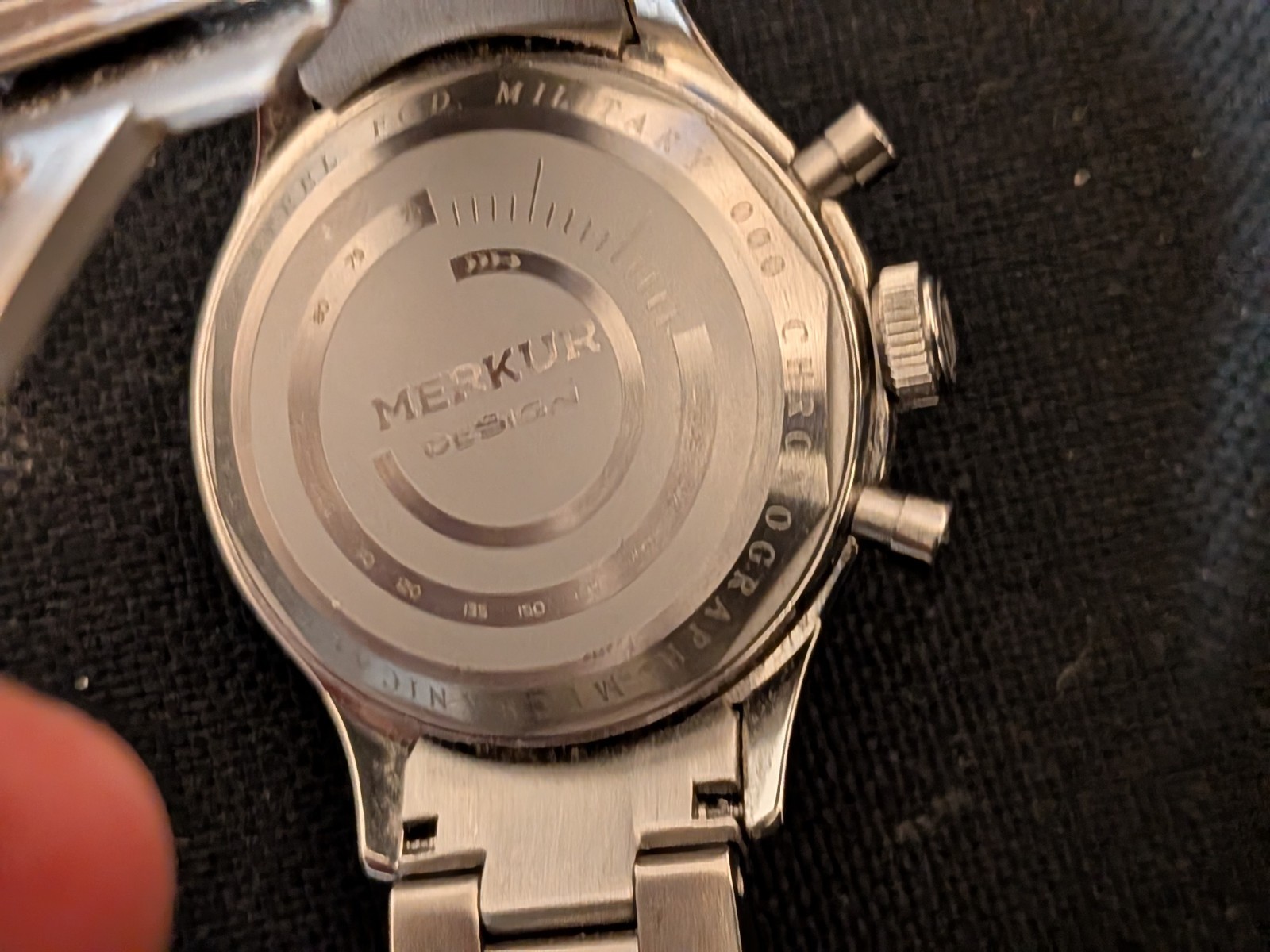 Merkur Big Eye Grey Seagull St 1901 mechanical chronograph watch with bracelet.