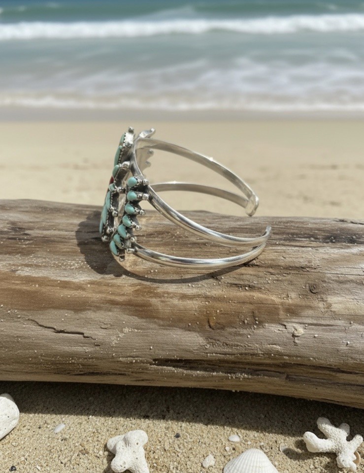 Zuni Sterling Silver Coral and Turquoise Needle + Petit Point Floral Cuff