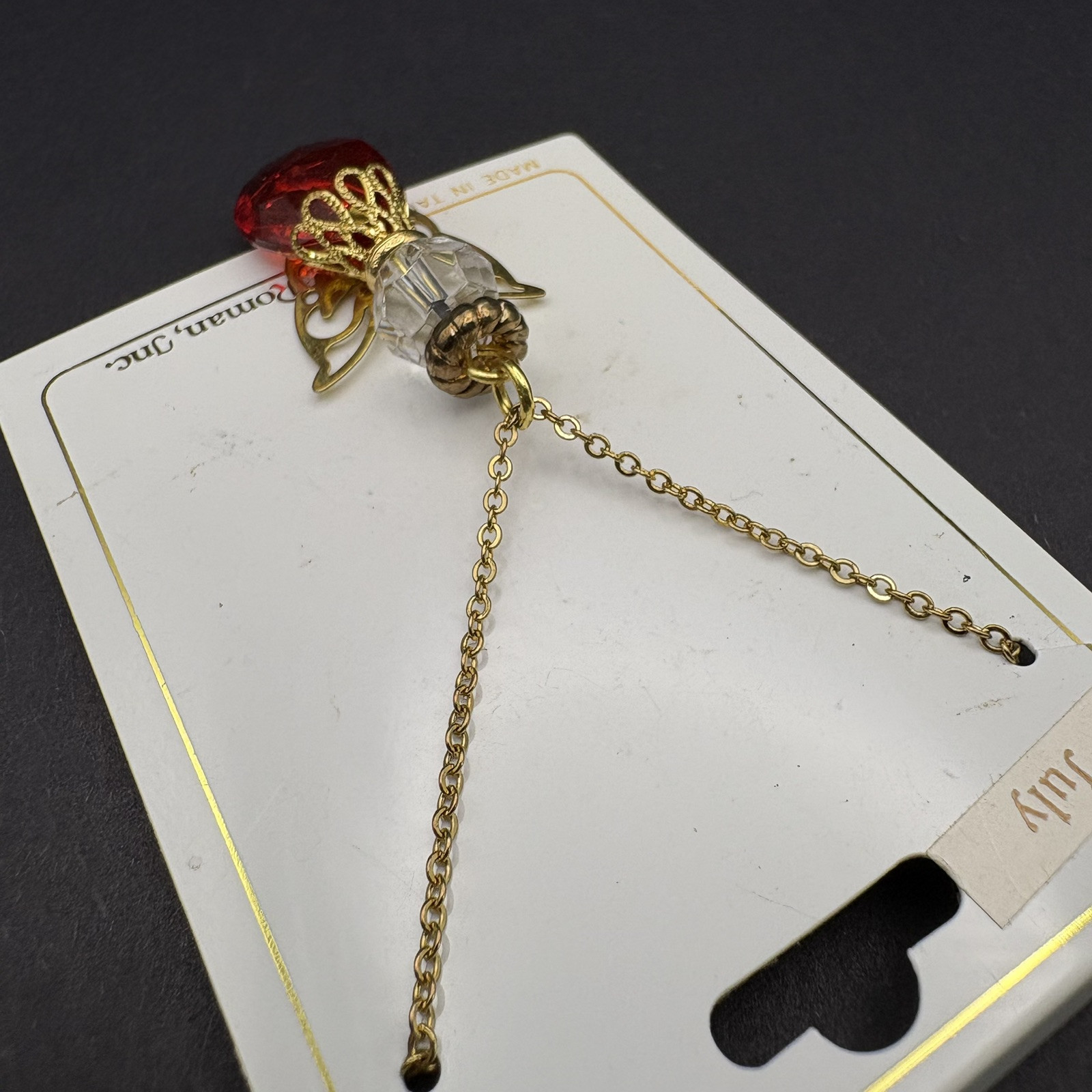 Roman Inc. July Birthstone Faux Ruby Pendant Necklace Gold Tone Angel Charm