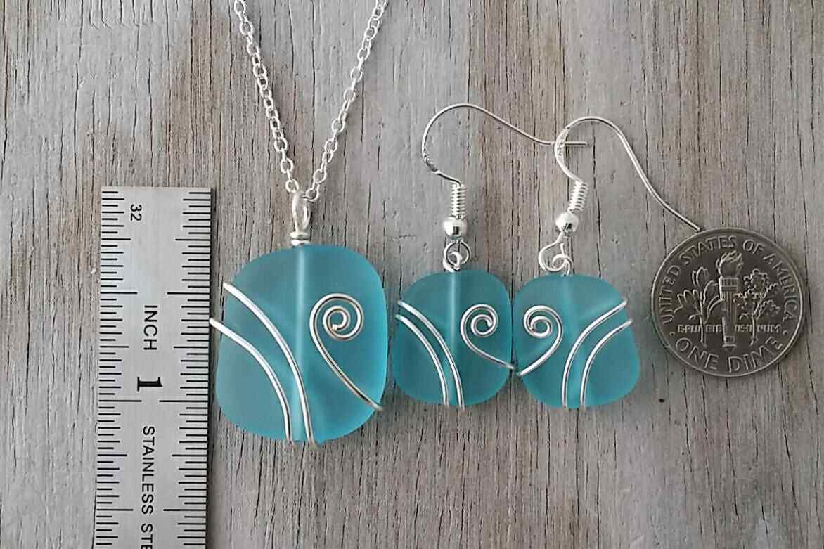 Made in Hawaii, Wire wrapped blue sea glass necklace + earrings jewelry set,