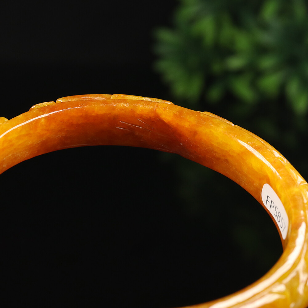 61mm Yellow Brown Jadeite Jade Bracelet Bangle Bat Lotus Burma Jade A-11767