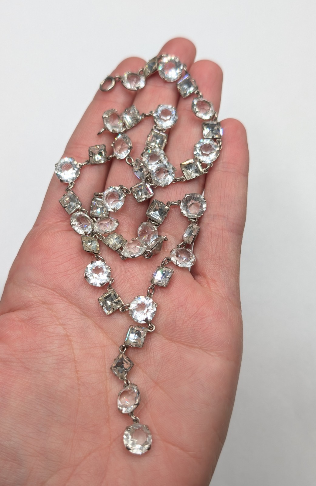 Vintage Y Drop Clear Glass Open & Closed Back Riviere Style Necklace 15″