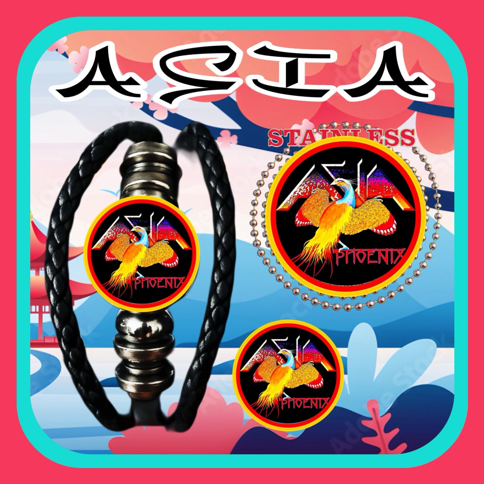 ASIA SUPER GROUP 🇬🇧 LEATHER PUNK BRACELET➕NECKLACE ➕PIN 🇺🇸🇨🇦🇯🇵