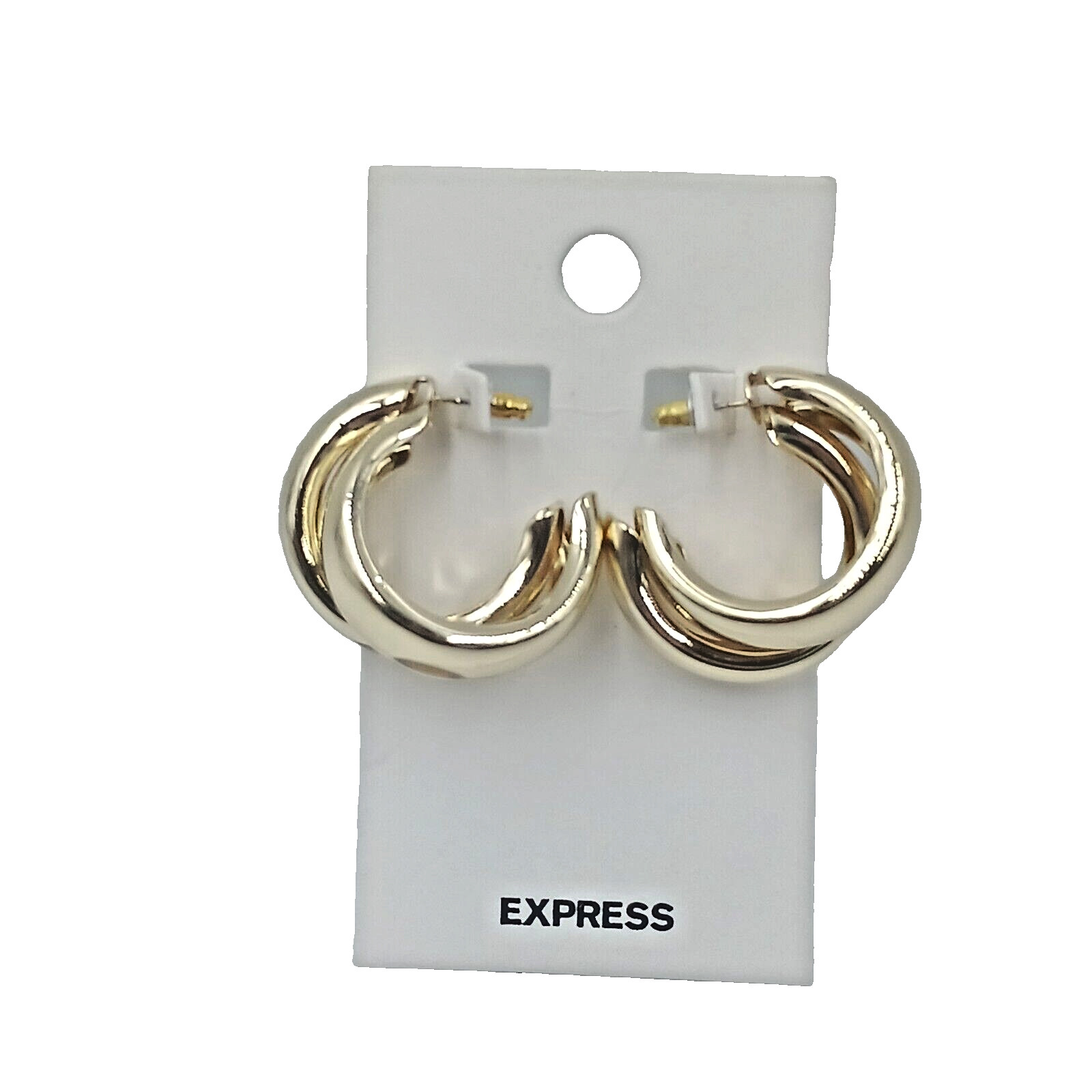 Express 1 3/16″ Thick Double Hoop Push Back Pierced Earrings Gold Tone Shiny New
