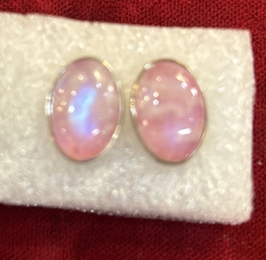 Oval Shaped Pink rainbow moonstone stud earrings Set In Sterling Silver