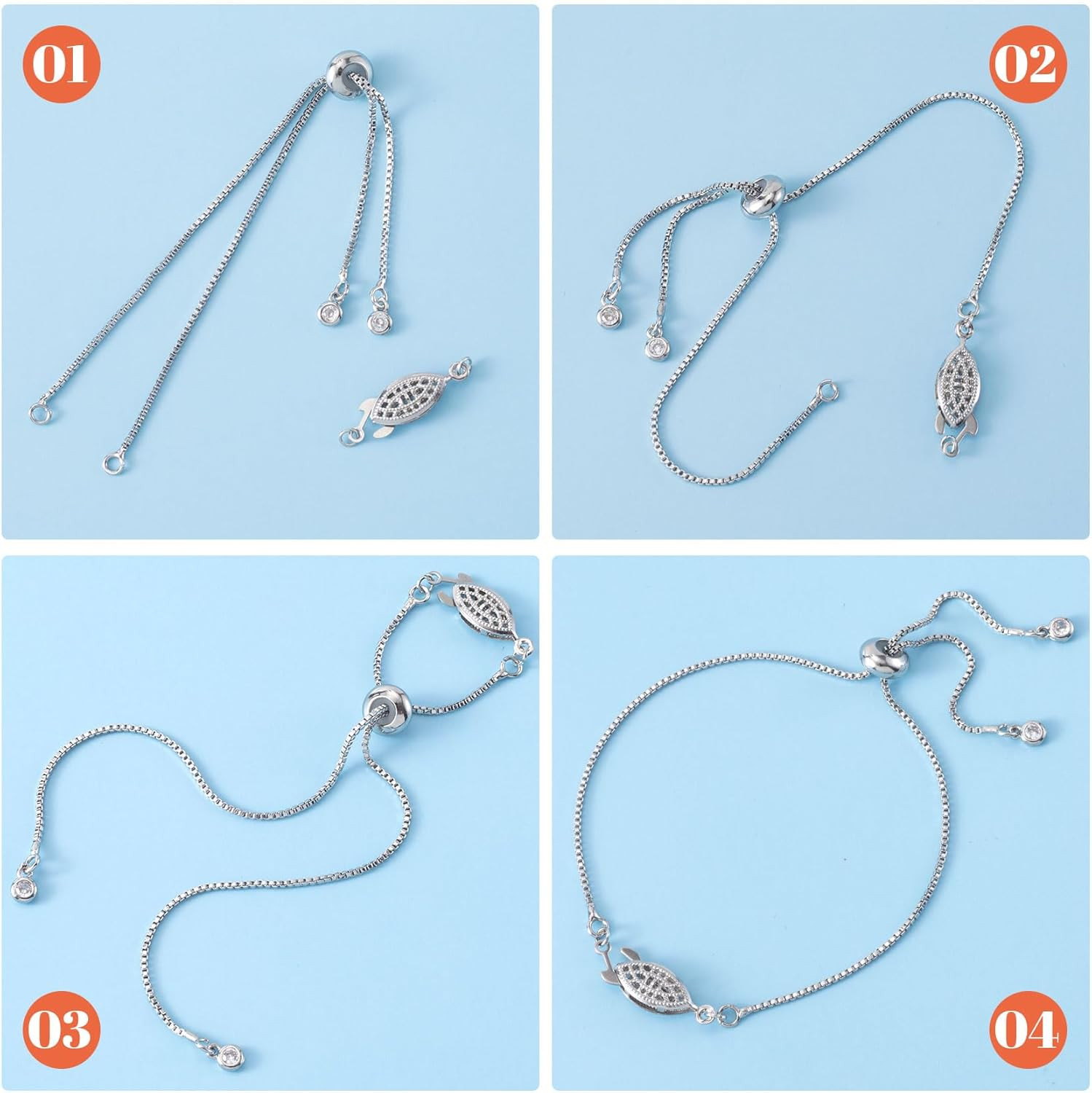 3Pcs Adjustable Slider Bracelet for Jewelry Making, Silver Plated Charm Bracelet