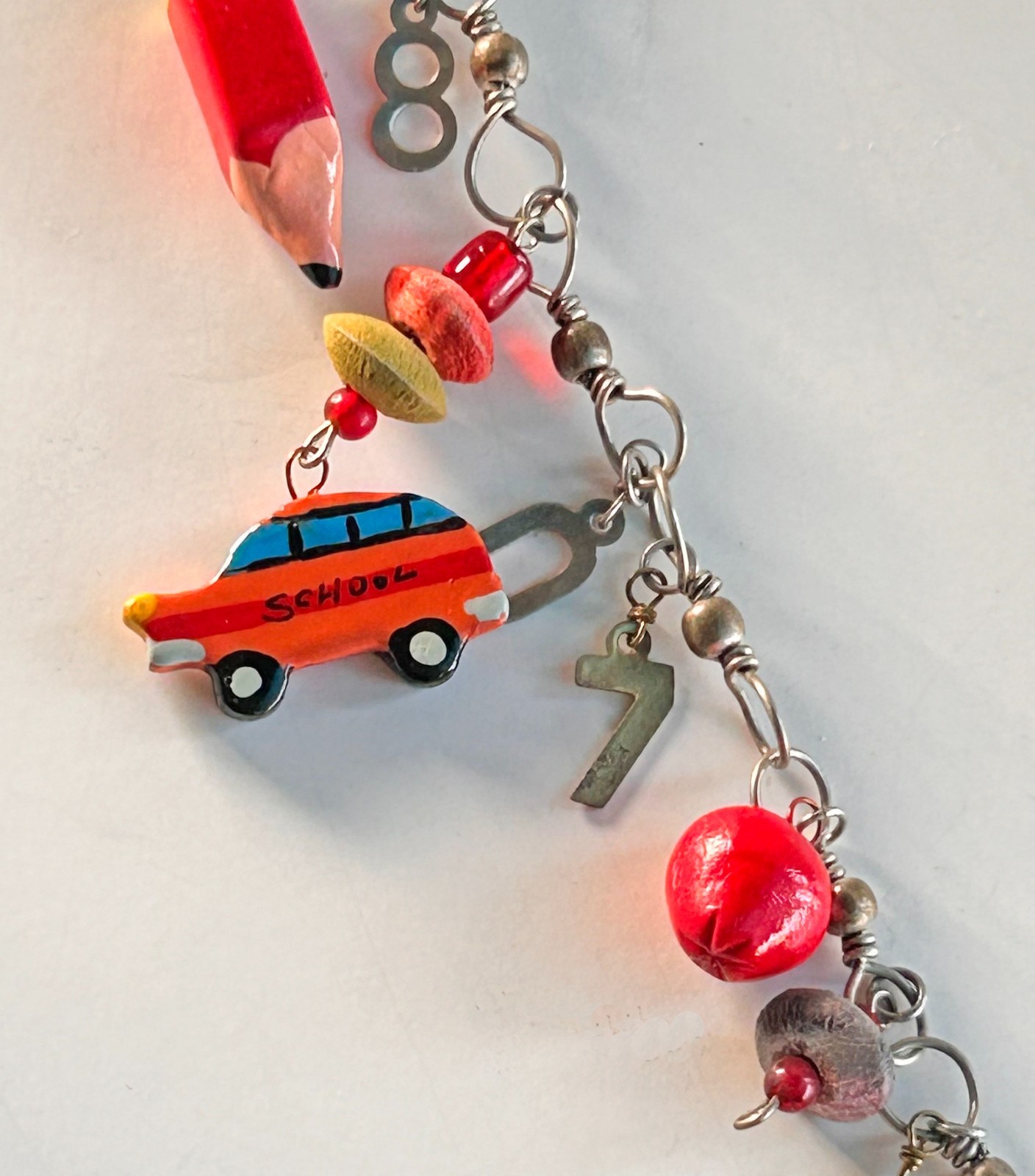 Kitchy School Teacher Themed Charm Necklace Buses Pencils Books Numbers 31″ J10