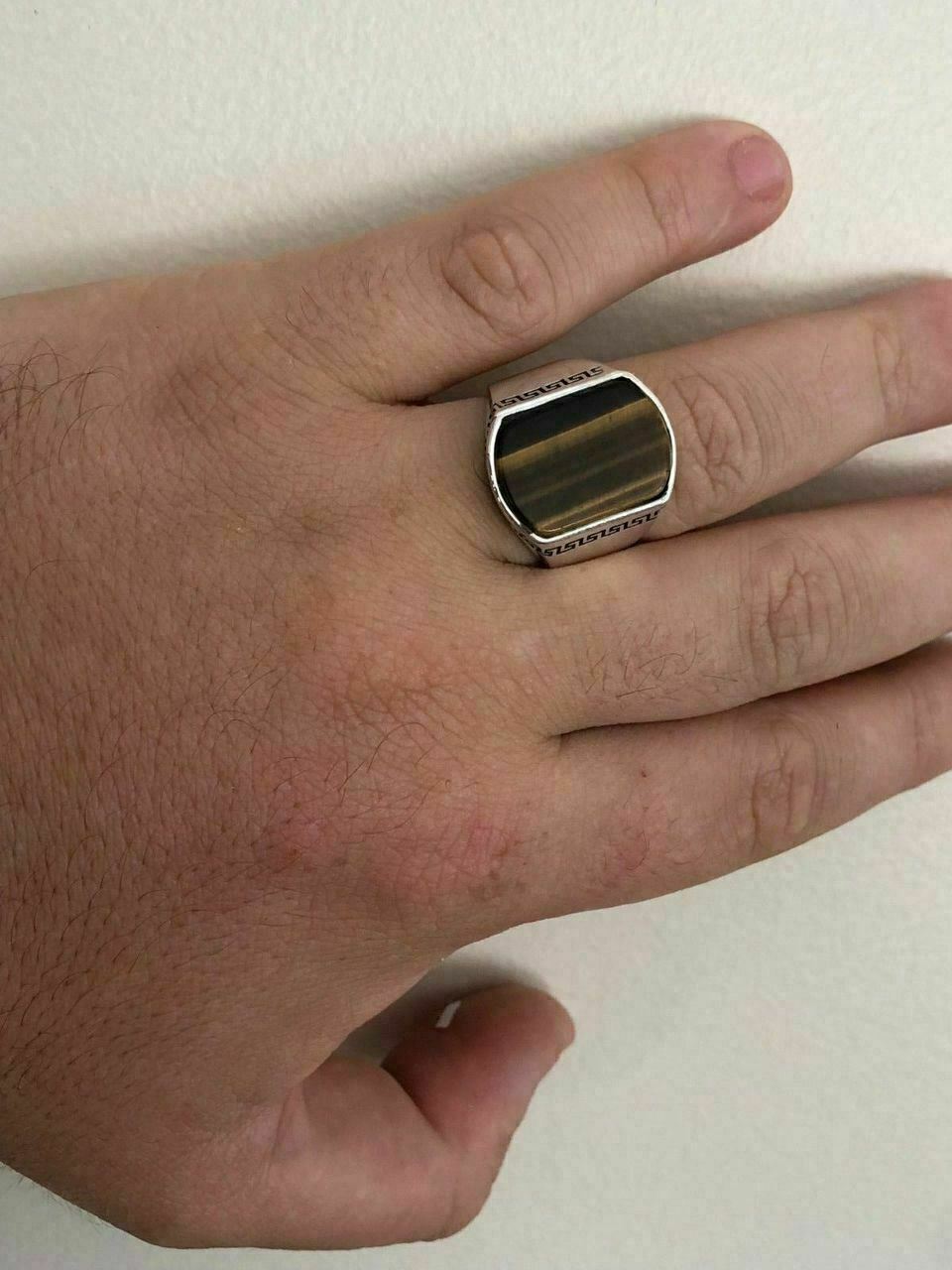 Solid 925 Sterling Silver Tiger’s Eye Mens Signet Ring Size 7 8 9 10 11 12 13