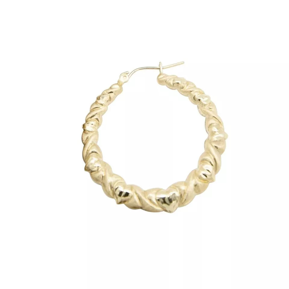 Plain Polished Twisted & Hearts 30mm Hoop Earrings in 14K Yellow Gold Plated