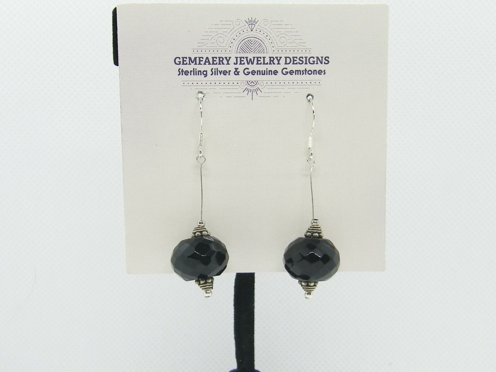 Sterling Silver Faceted BLACK ONYX Gemstone Long Dangle Earrings…Handmade USA
