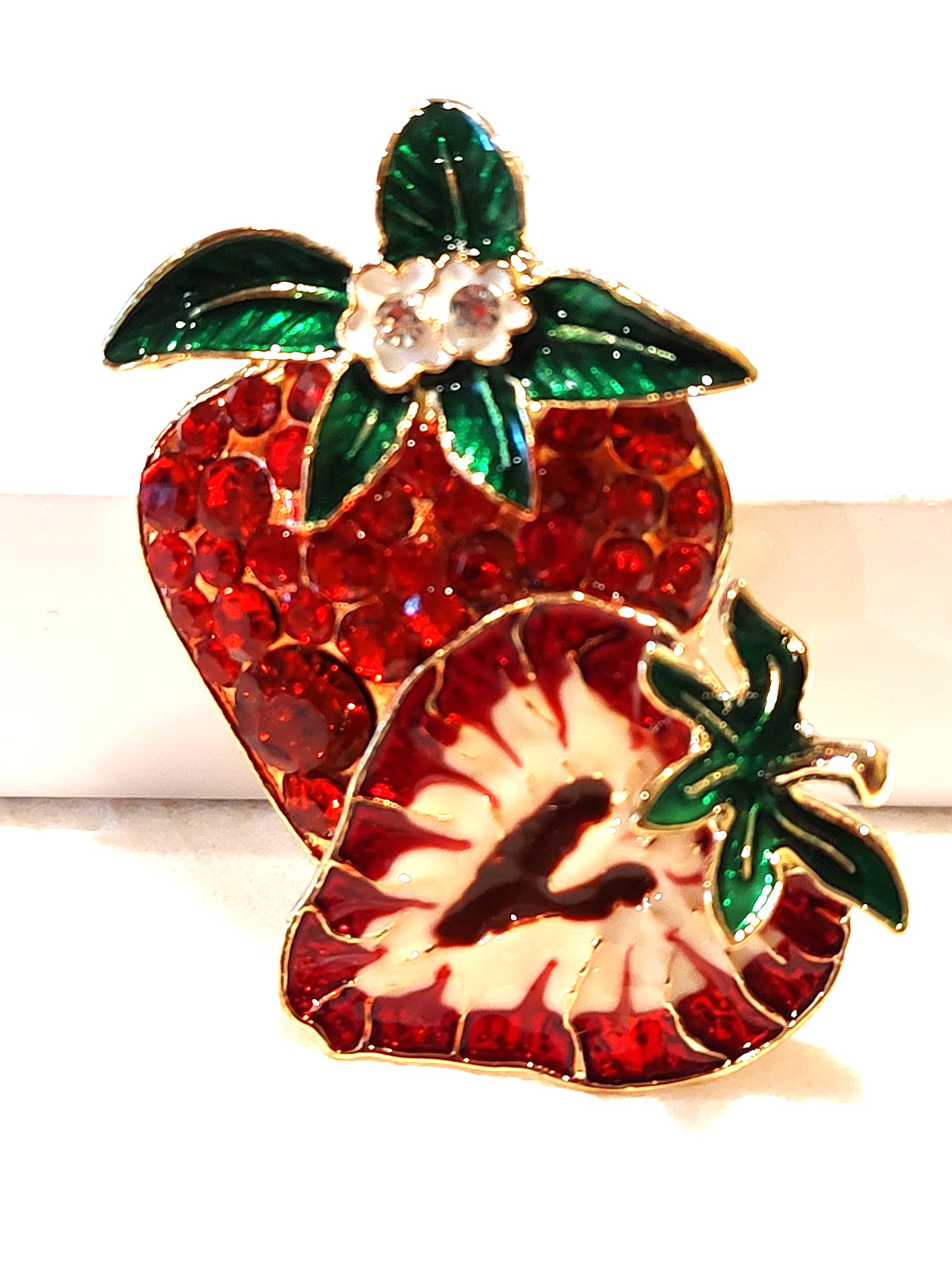 Strawberry Brooch Red Enamel Rhinestones on Metal