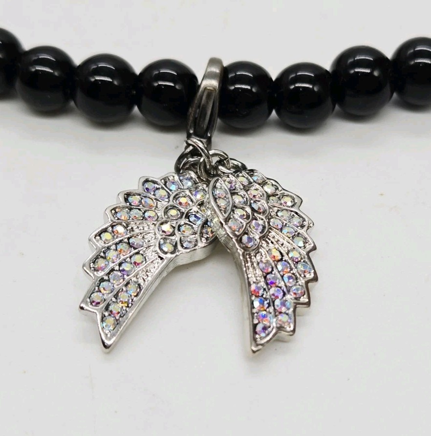 Kirks Folly Necklace Expect Miracles Angel Wing Black Beaded Silver tone 8 mm