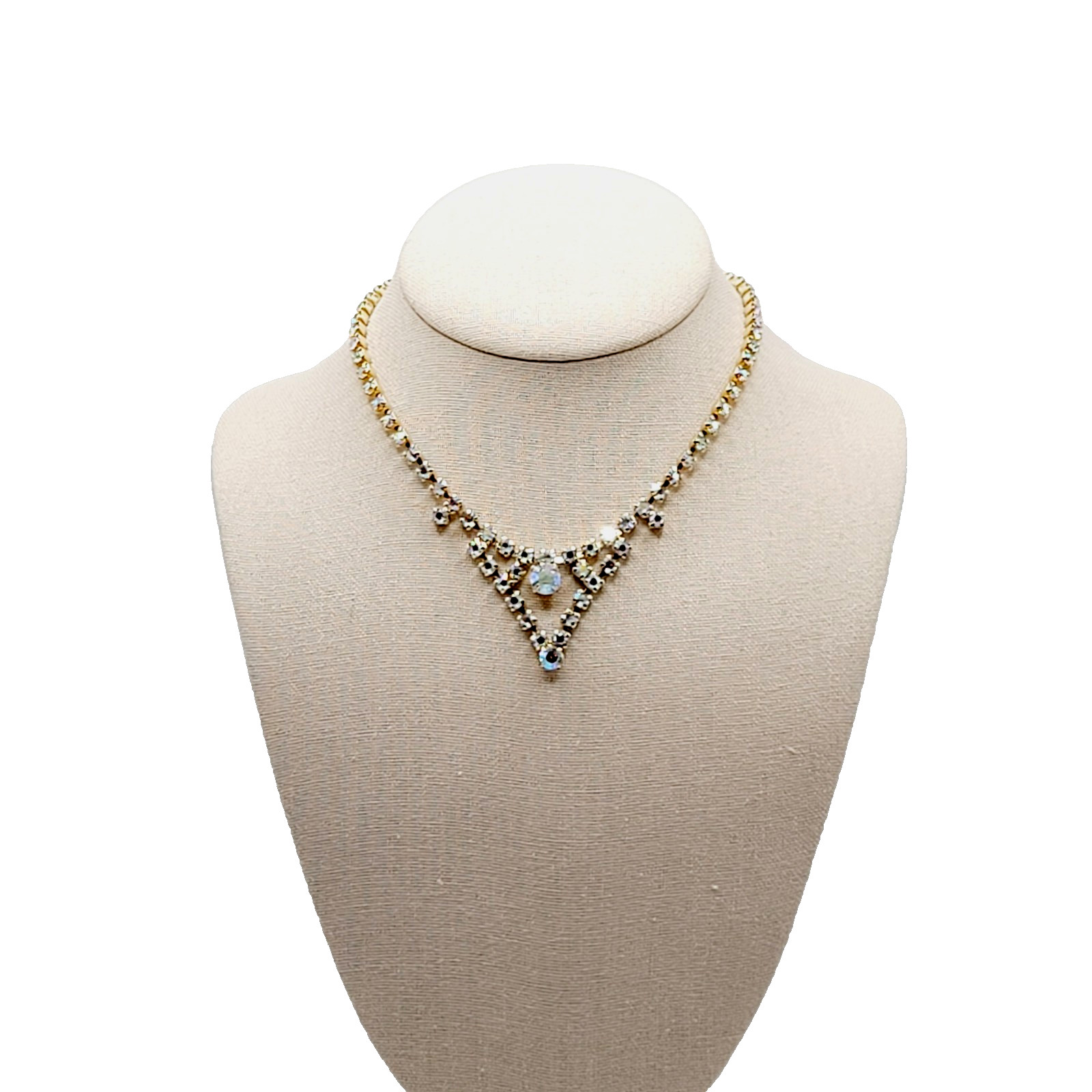 Swag or V Style Drop Choker AB Rhinestone Necklace Gold Tone Vintage 15 inch