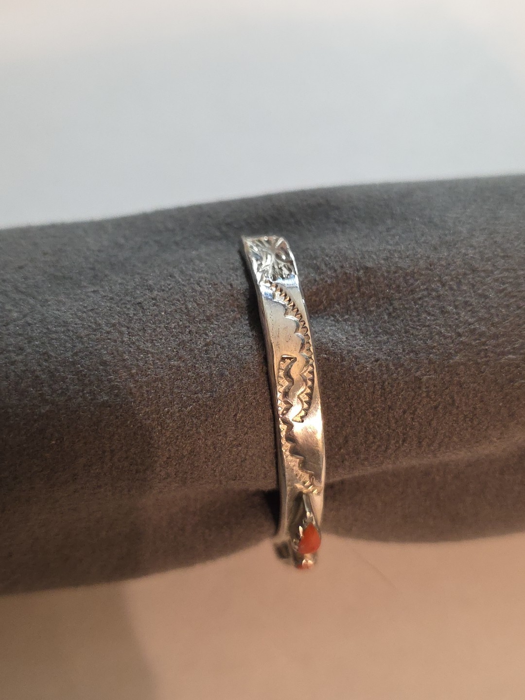 N.A. Navajo Baby Cuff Bracelet Silver And Coral 4.5″ Stamped. Signed EW