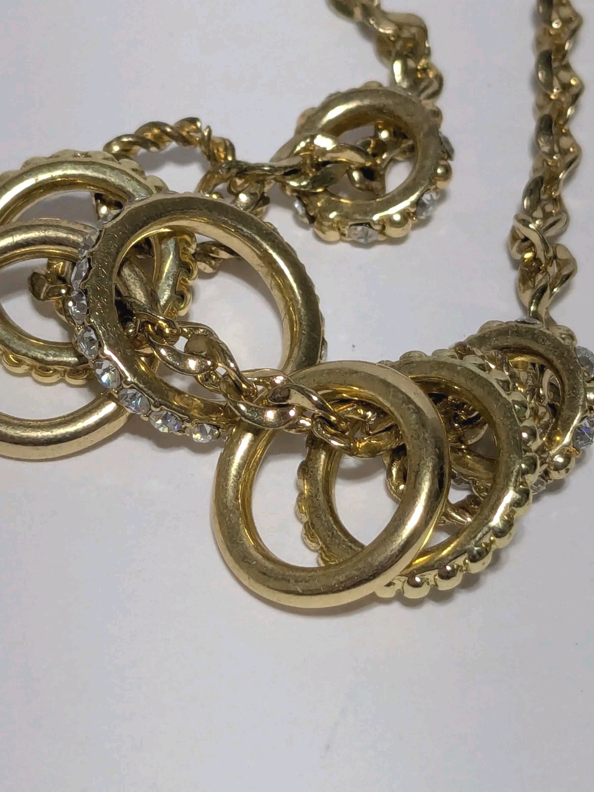 Charter Club Gold Tone Necklace With Textured & Pave Rhinestone Ring Charms 17″
