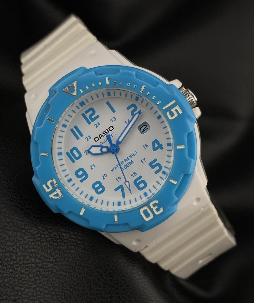 Casio Analogue White Soft Blue Date Dial Rotating Bezel Sporty Unisex Watch