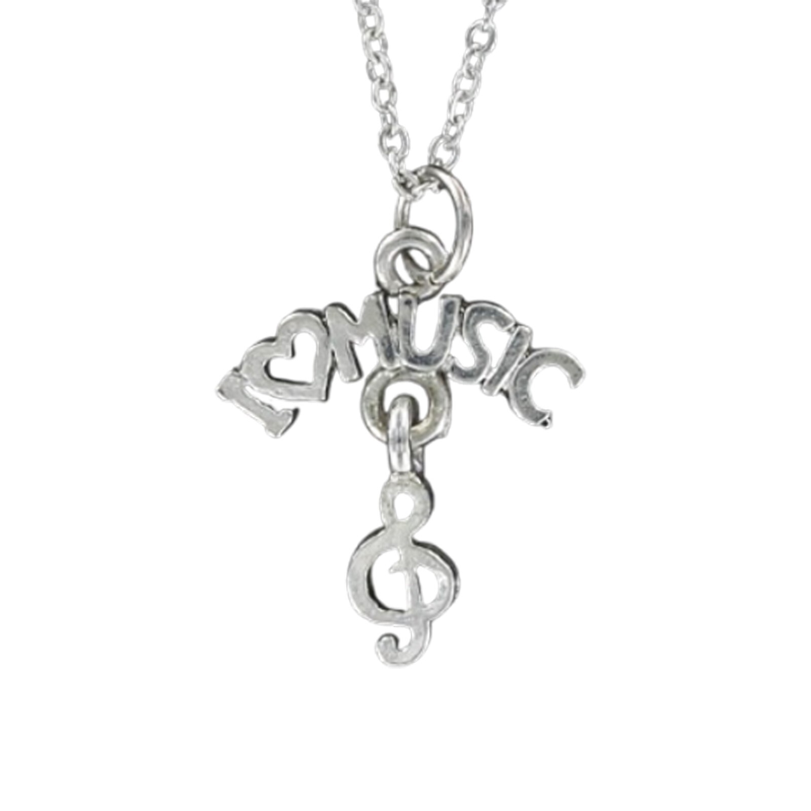 I HEART MUSIC Necklace on Chain – Pewter Treble Clef Love Dangle Link Musician