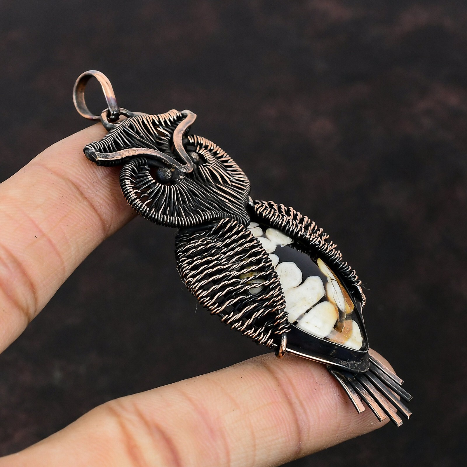 Gift For Her Peanut Wood Jasper Wire Wrapped Owl Pendant Copper Jewelry 3.39″