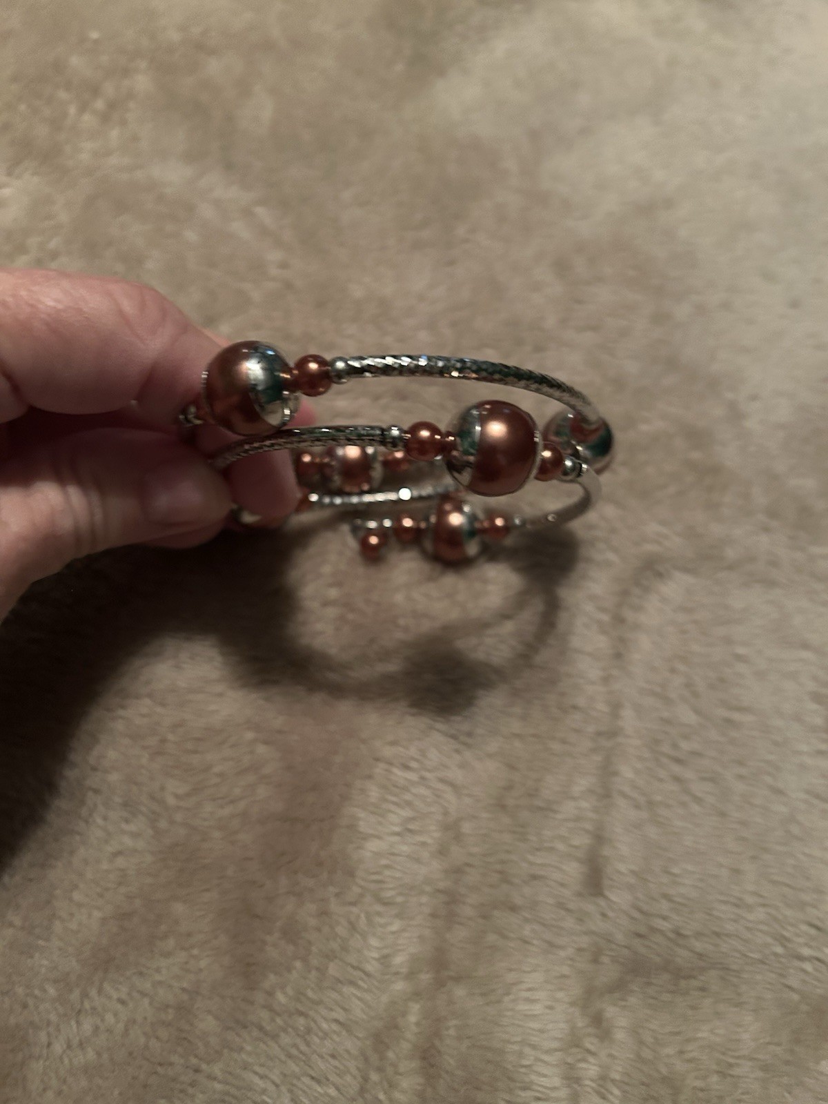 Silver & Copper Tone Metal Round Beaded Bangle Bracelet Slip-On Stackable