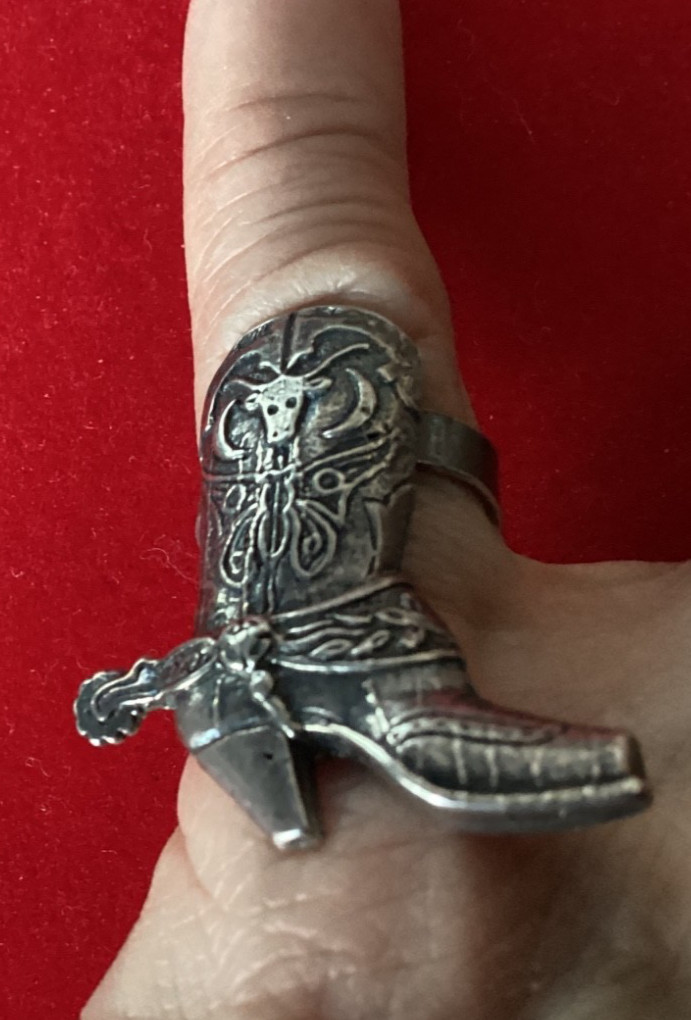 MidCentury Southwestern 925 Sterling Western Cowboy Boot+Spur Etched Ring Sz.4