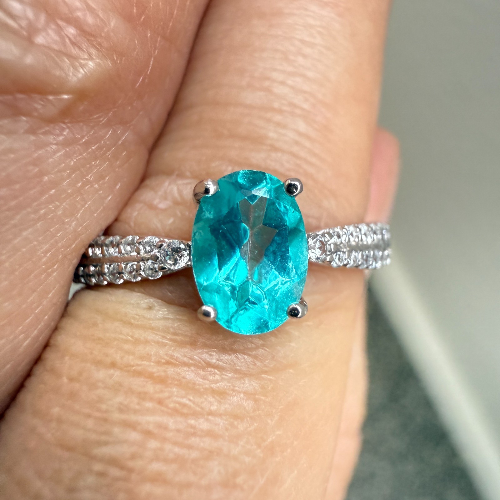 925 Sterling Silver Ring 7x5mm Natural Paraiba Topaz Gemstone Zircon Birthstone