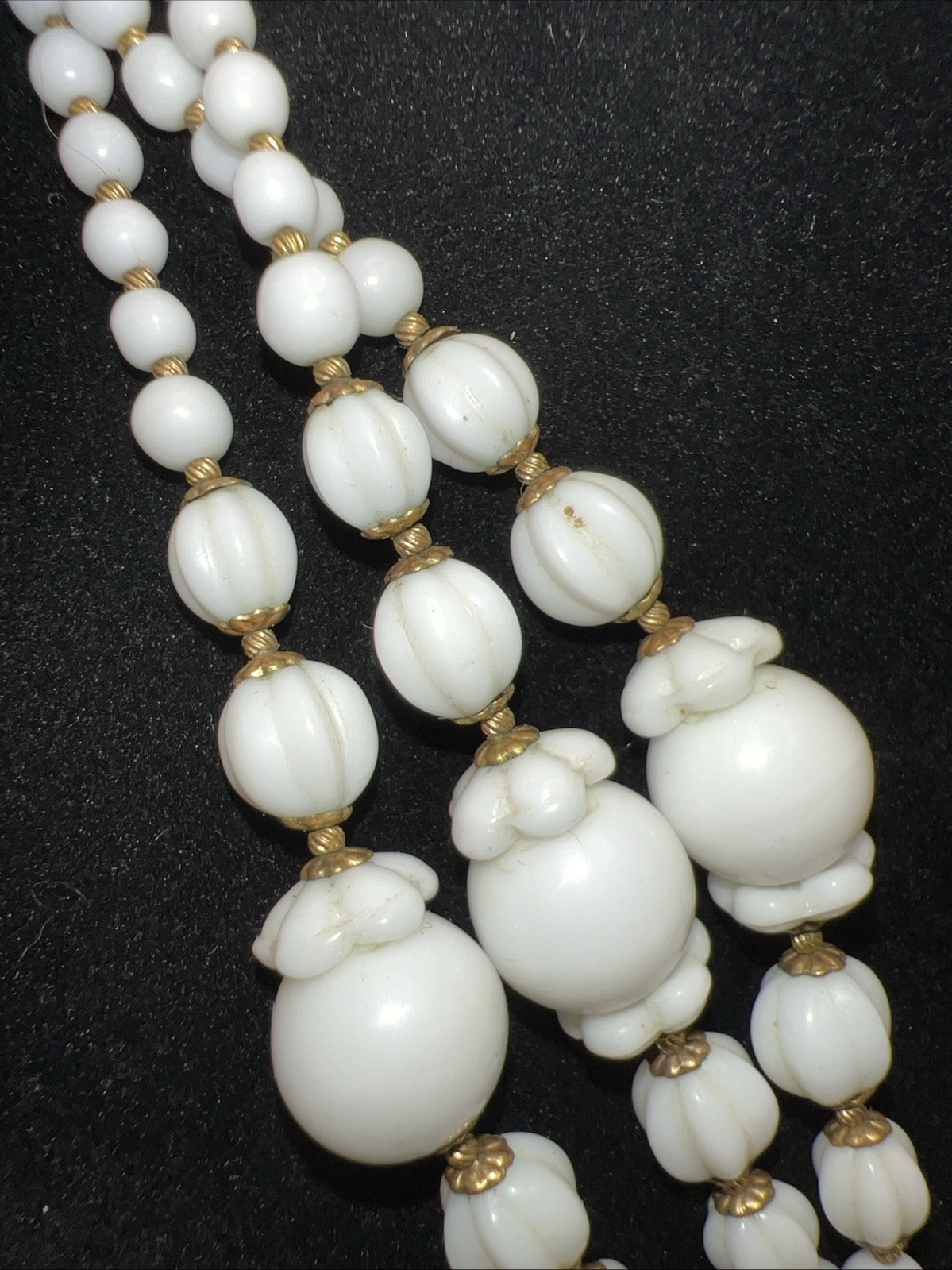1930s 40s Milk Glass Lariat Necklace Rhinestone Multi Strand Art Deco 34”