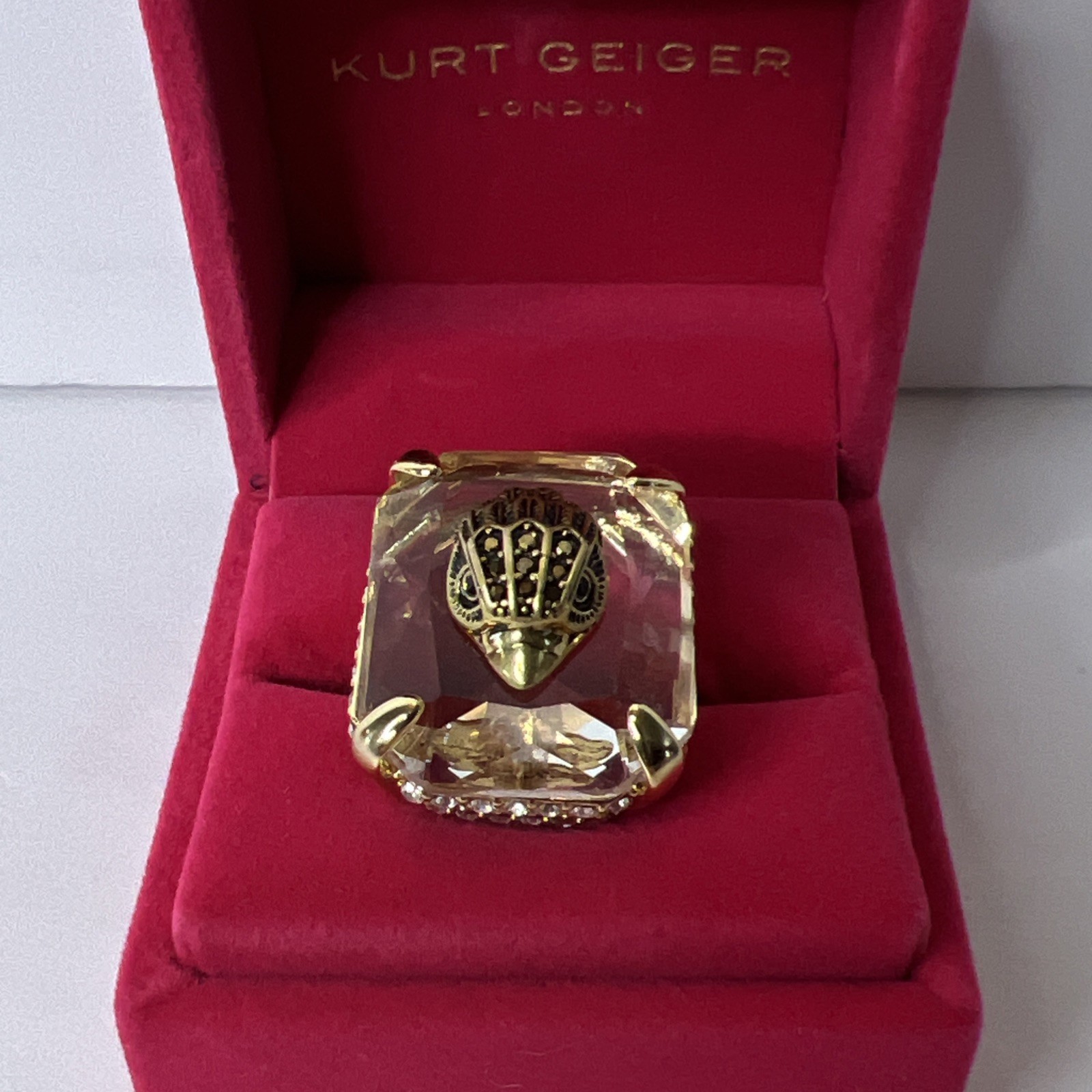 Kurt Geiger London Gold Tone Eagle Head Crystal Statement Cocktail Ring Sz 7 New