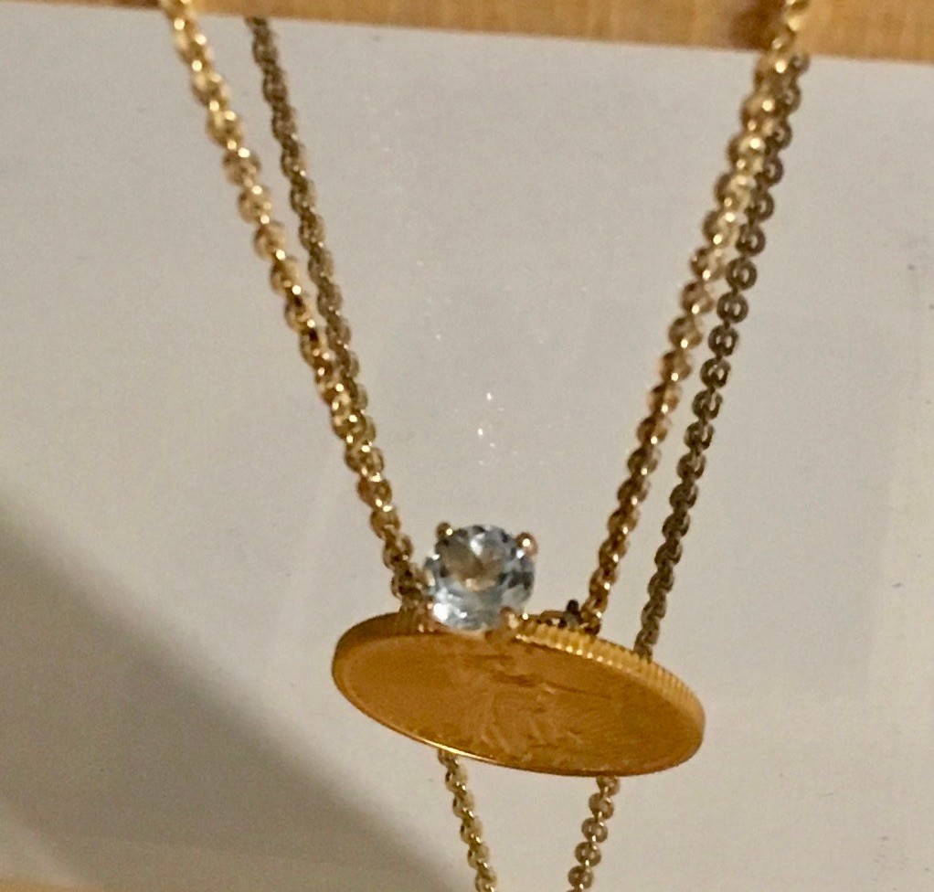 22k 1/4 oz. Standing Liberty gold coin w/ Aquamarine gem, Necklace: jewelry