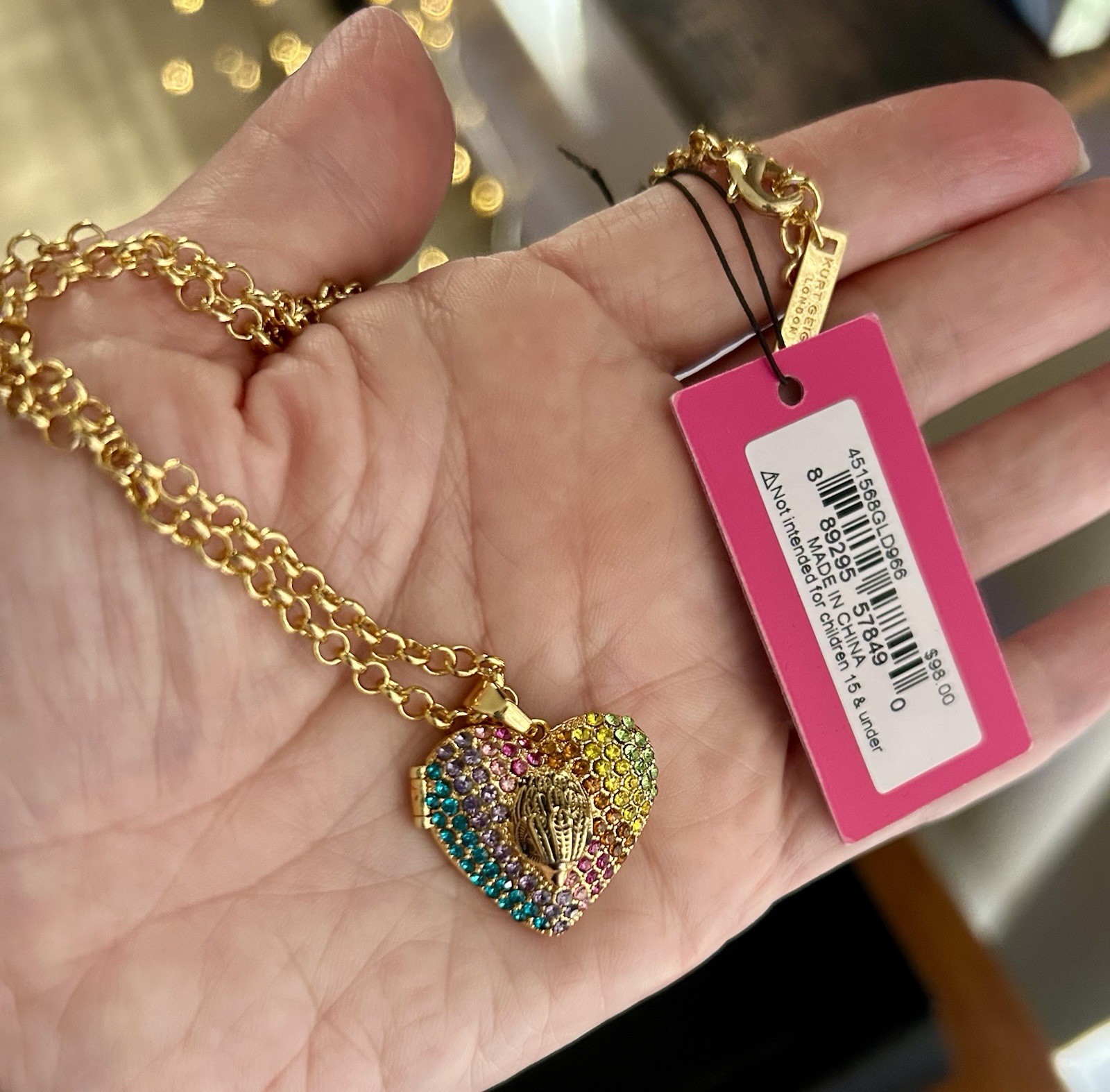 Kurt Geiger Heart Charm Locket Pendant Necklace Multicolor Pavé Crystal Gold