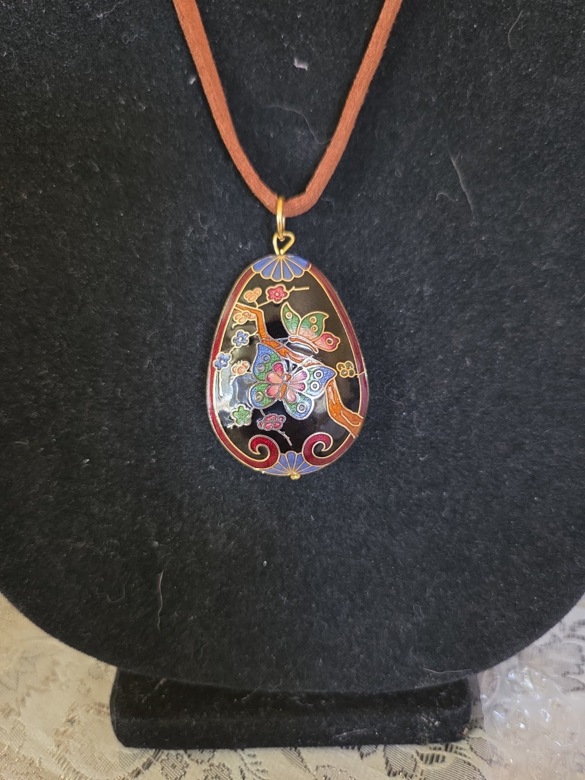 Vintage 1970 Cloisonne Butterfly Pendant, Gold Wire Accents & Gold Plated Edging