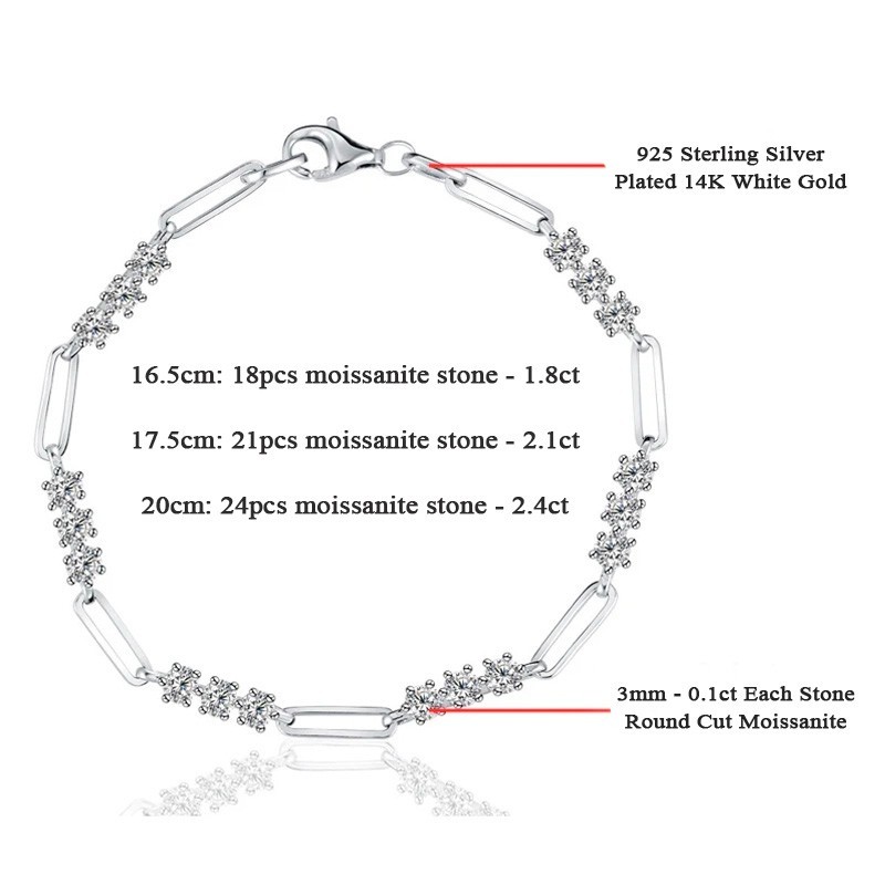 3mm Round Real Moissanite Women Paper Clip Chain Bracelet 925 Sterling Silver
