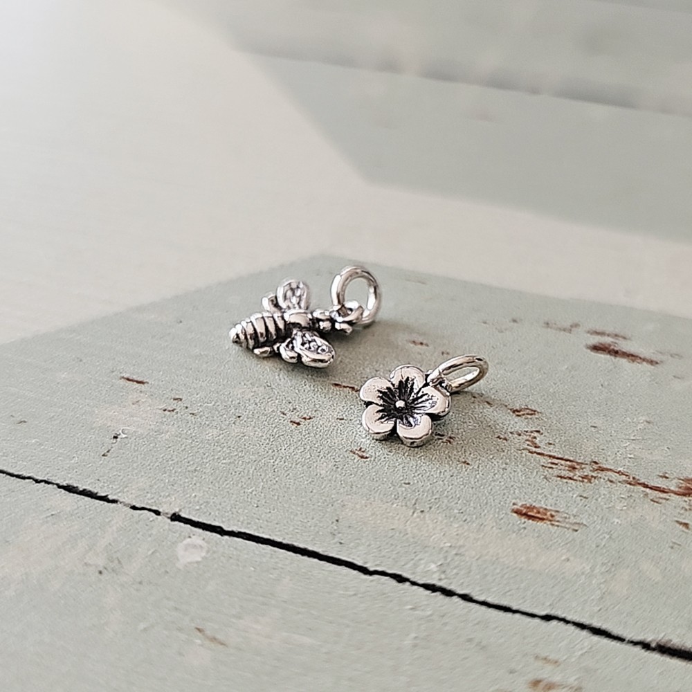 Bumble Bee Charm Sterling Silver Necklace with Flower Charm Necklace