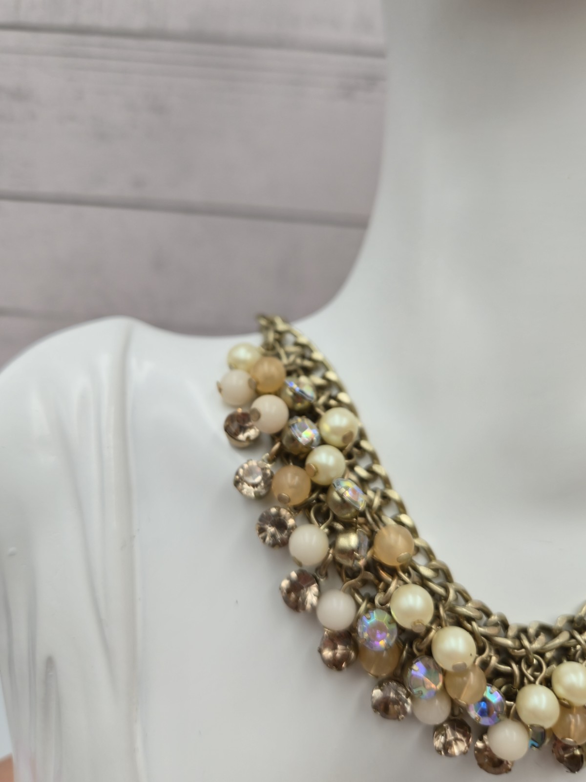 Lydell NYC Statement Necklace Chunky Beaded Rhinestone Gold Tone Bib Style 229