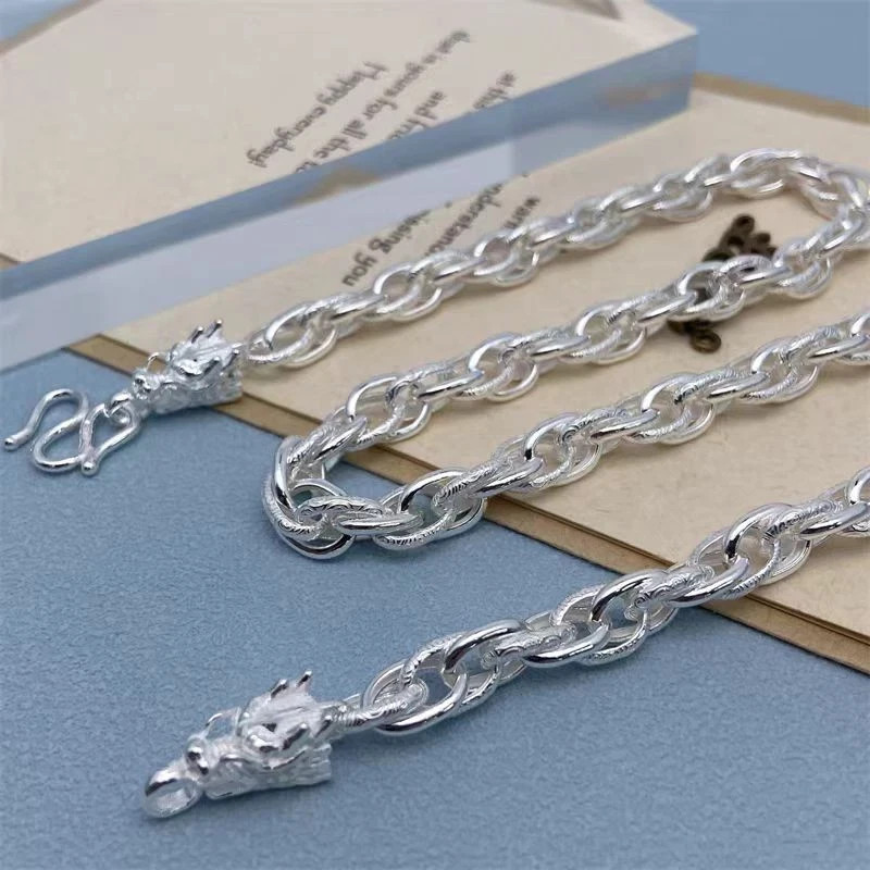 Pure S999 Fine Silver Chain 7mm Dragon Cloud Toggle Link Necklace 57-58G 25.6IN