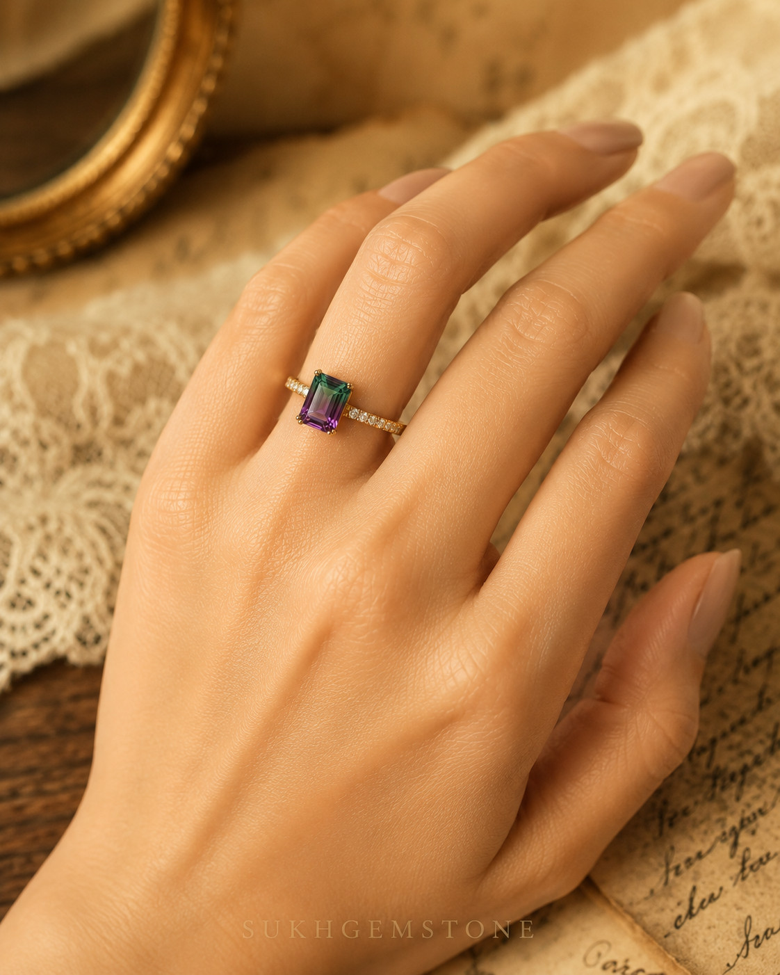 Lab Created Watermelon tourmaline Ring, Base Metal: Brass Finish: Gold Plated