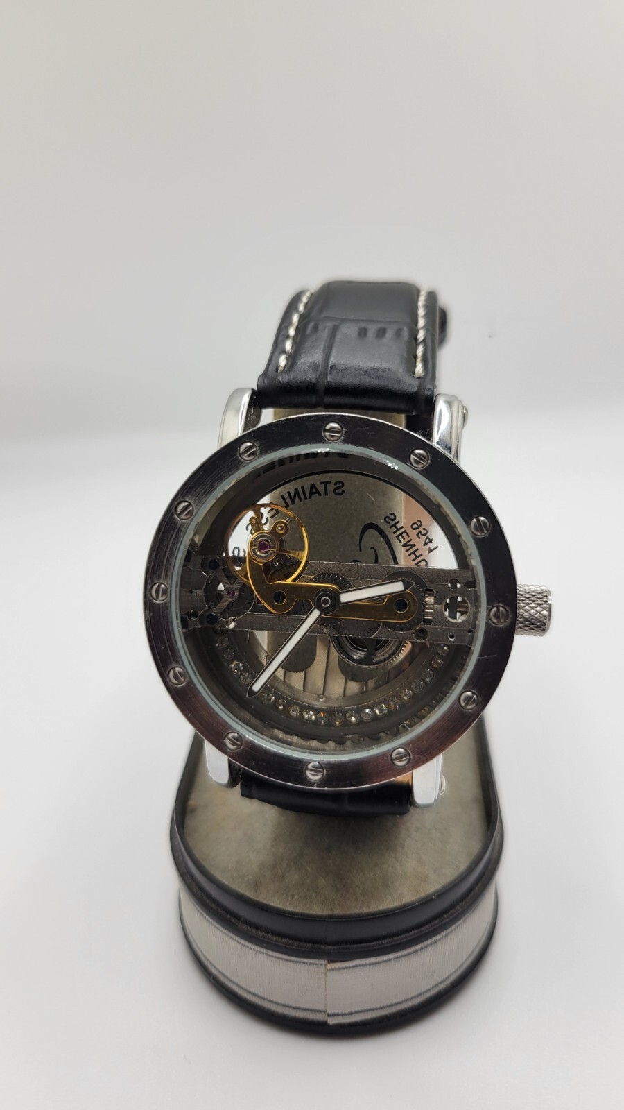Mens Watch Mechanical Waterproof Luxury Watch Croco Leather Band Hollow Skeleto