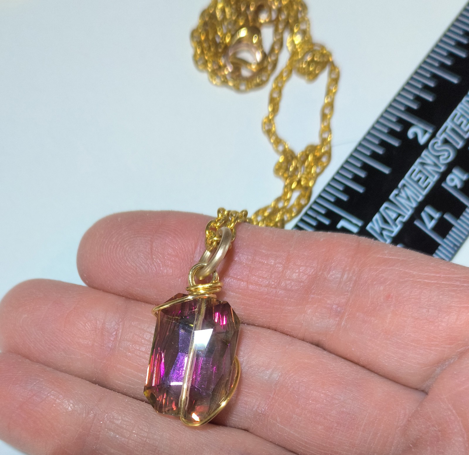 #5 Gold Necklace with a Pink/Green Crystal Wire Wrapped
