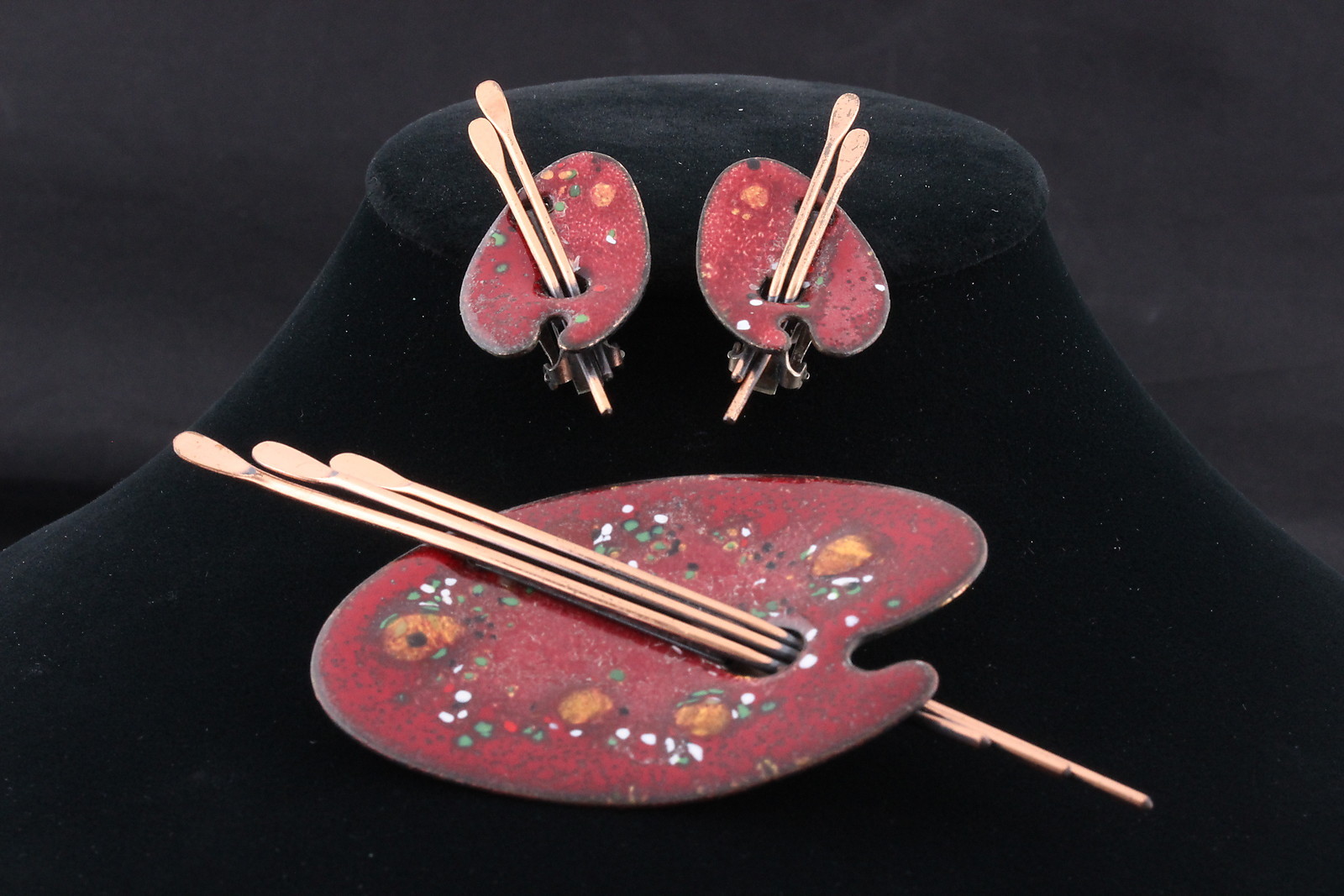 MATISSE ENAMELED & COPPER ARTIST PALETTE BROOCH & CLIP ON EARRINGS SIGNED 3638