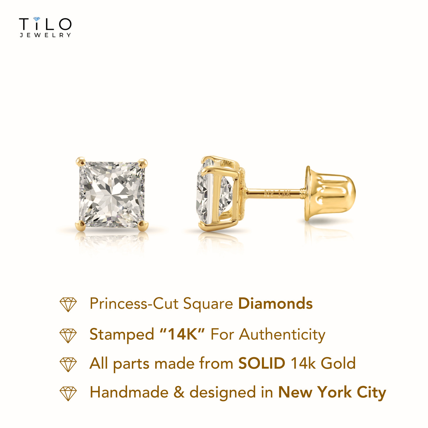14K Real Solid Gold D FL Diamond Princess-Cut Solitaire Studs Earrings Lab Grown