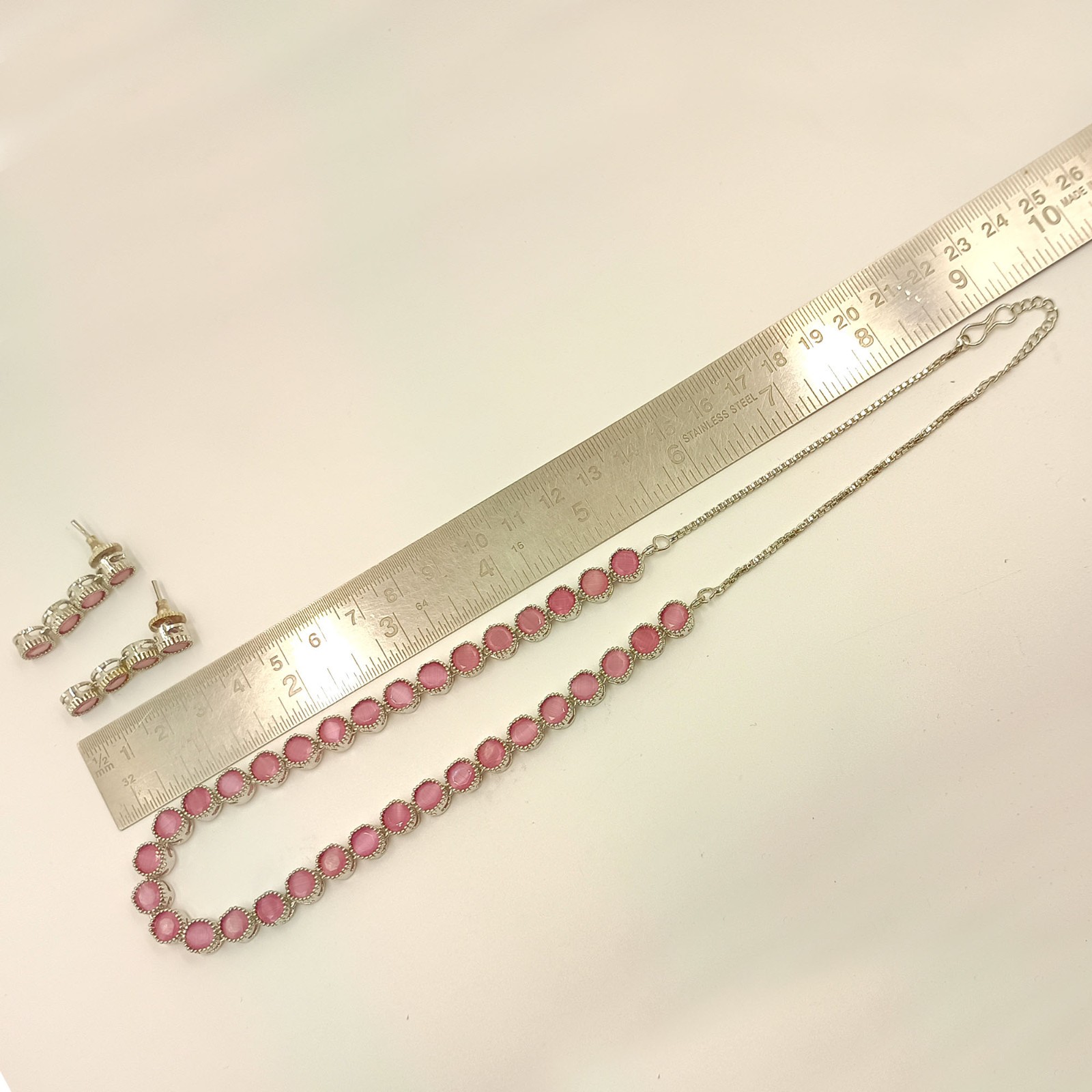 Rose Quartz Round Stone South Indian Necklace Set 22K Gold Plated Ethnic Jewelry