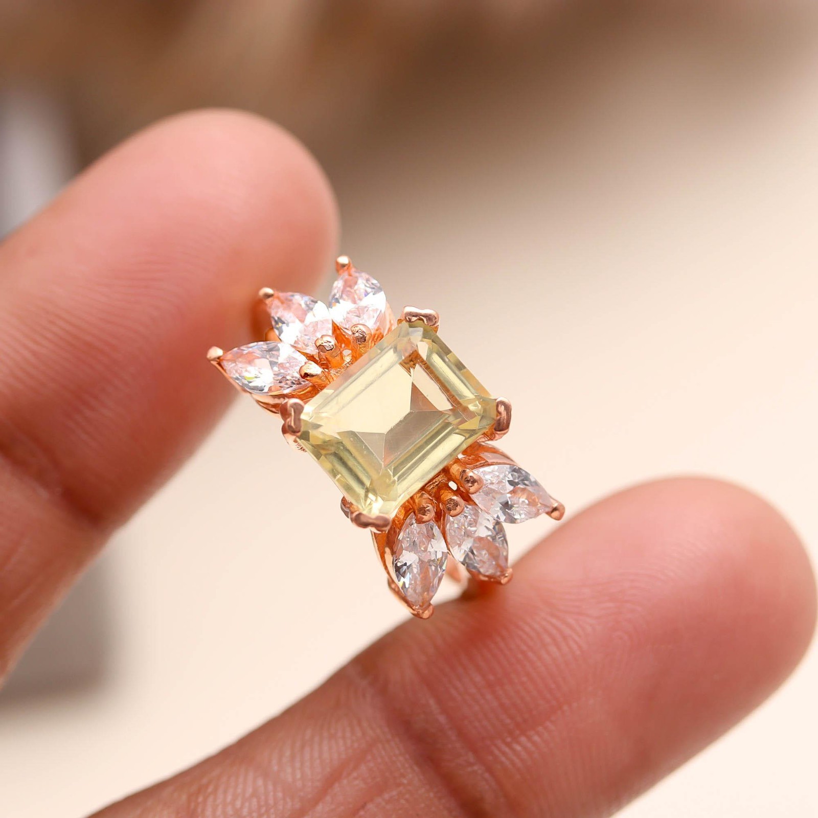 Natural Lemon Quartz Octagon Ring Rose Gold Fill Solid Silver Meditation Jewelry