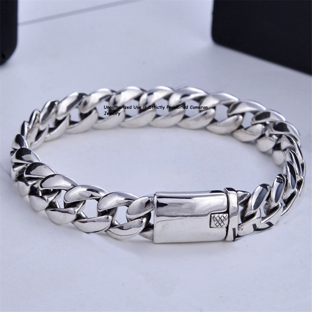 Pure S925 Sterling Silver Chain Men 10mm Curb Link Bracelet 43-44g 8.26inch
