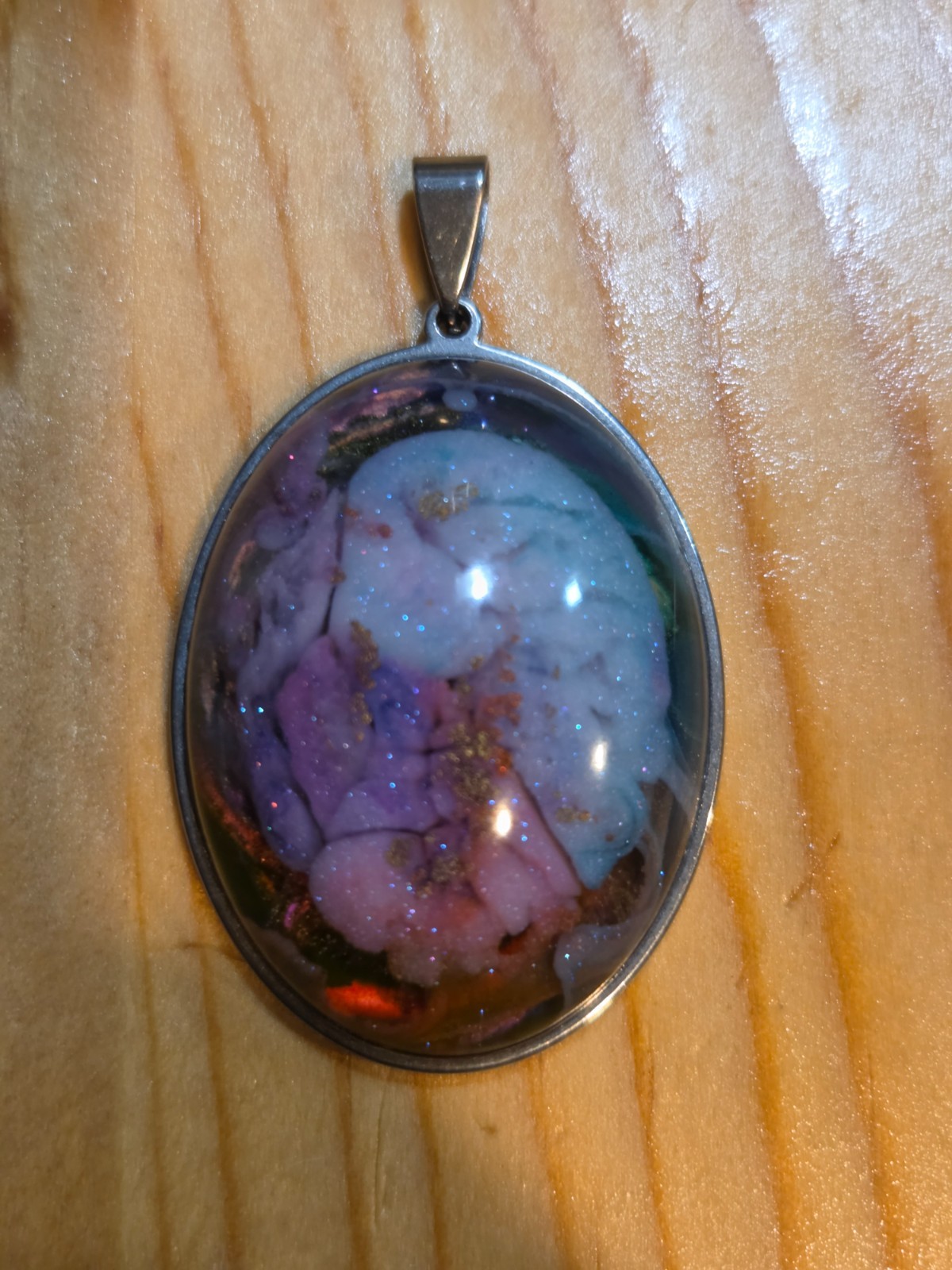 OOAK Nebula Series Petri Effect Resin Oval Pendant Stainless Steel N094