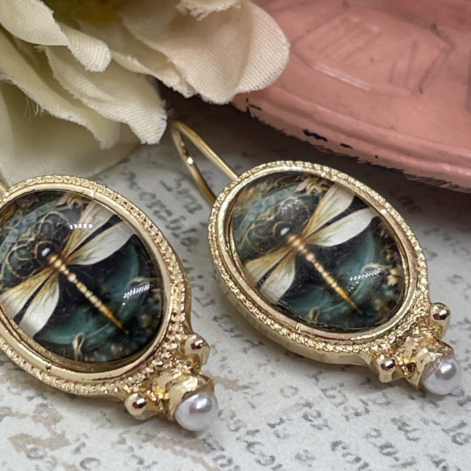 Gold plate Pearl Dragonfly Wire Purple Earrings Spring Gift Mom Birthday Wife