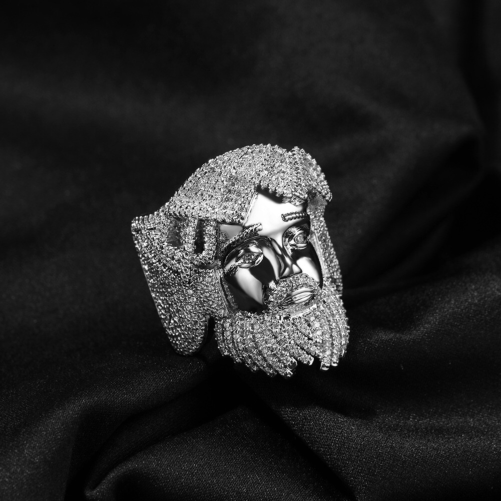 Hip Hop Retro Jesus Face Ring 5A Zircon 18K Real Gold Plated Religious Jewelry