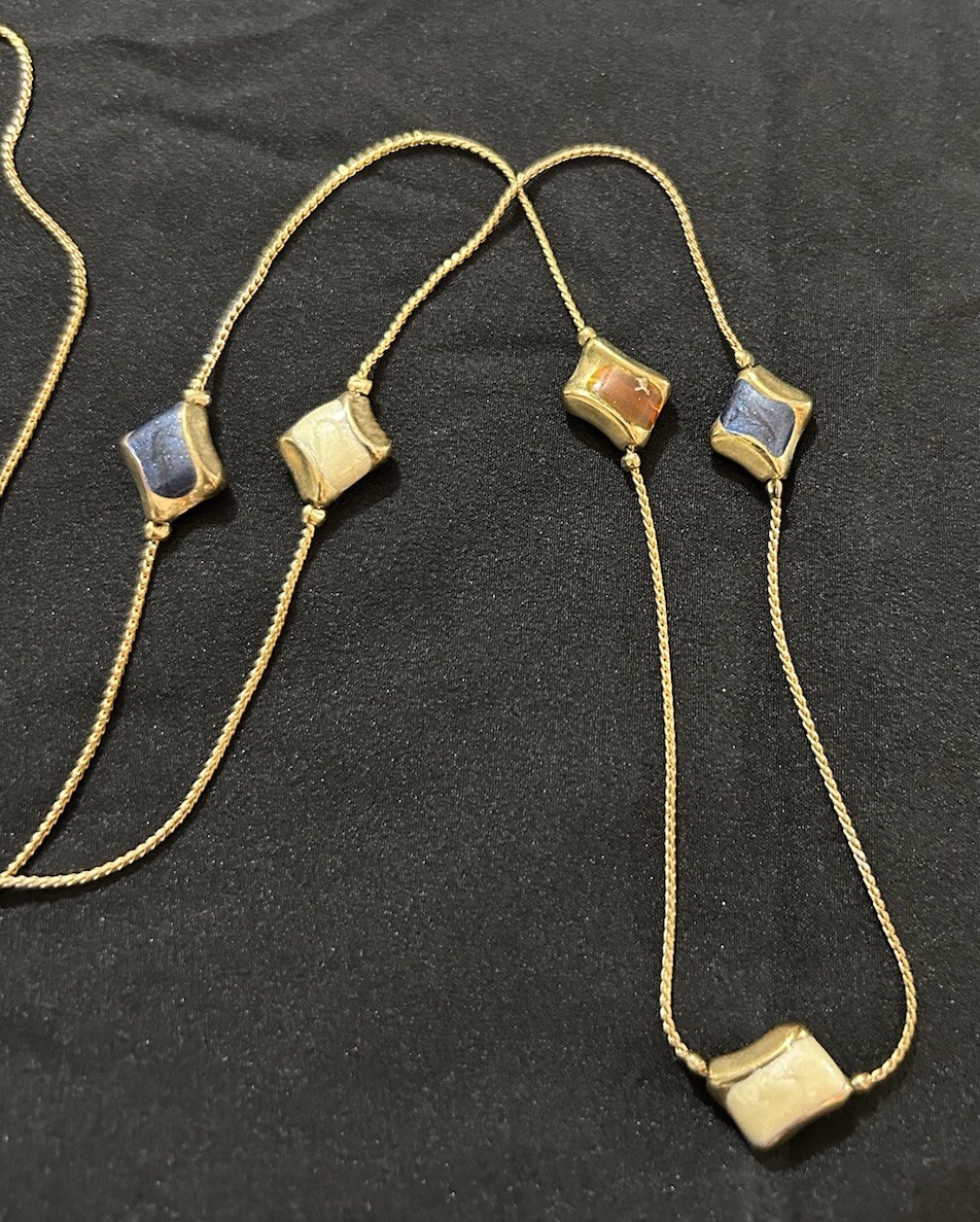 Long Station Necklace Gold Toned With Stone Beads Ivory Blue Brown MCM Style